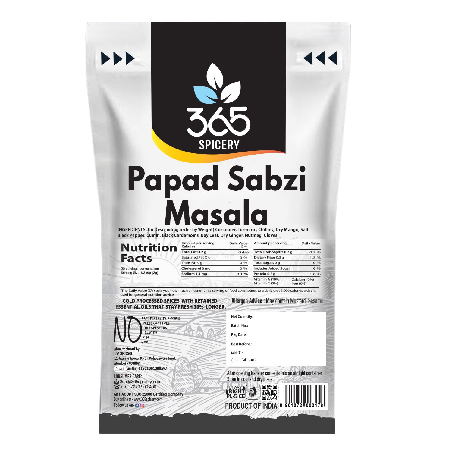365 Spicery Papad Sabzi Masala I Pure & Hygiene I Vegano, totalmente natural, fácil de cocinar, hecho en casa, en polvo, para una cocina india