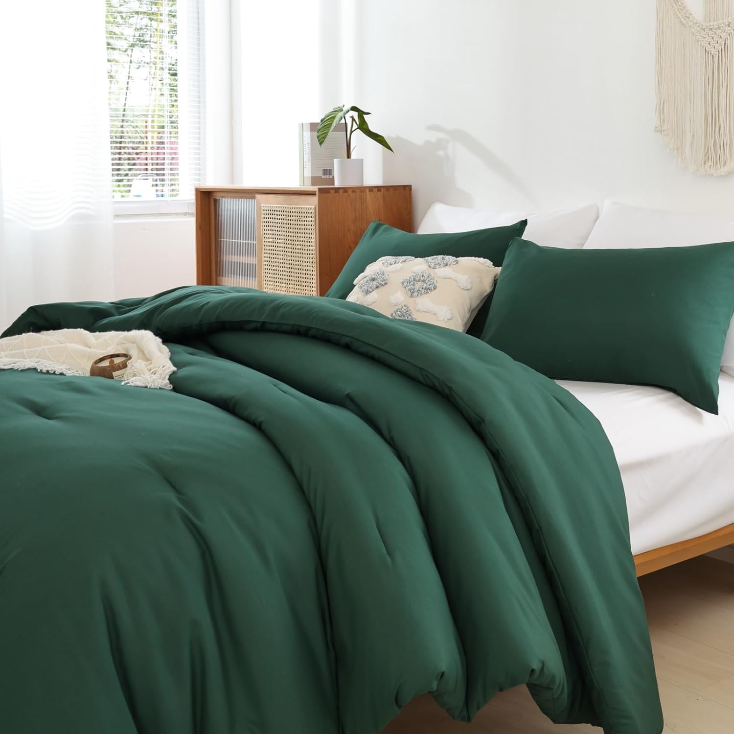 ROSGONIA Edredón verde esmeralda tamaño matrimonial para niñas, niños y adolescentes (1 edredón verde bosque oscuro y 2 fundas de almohada), juego