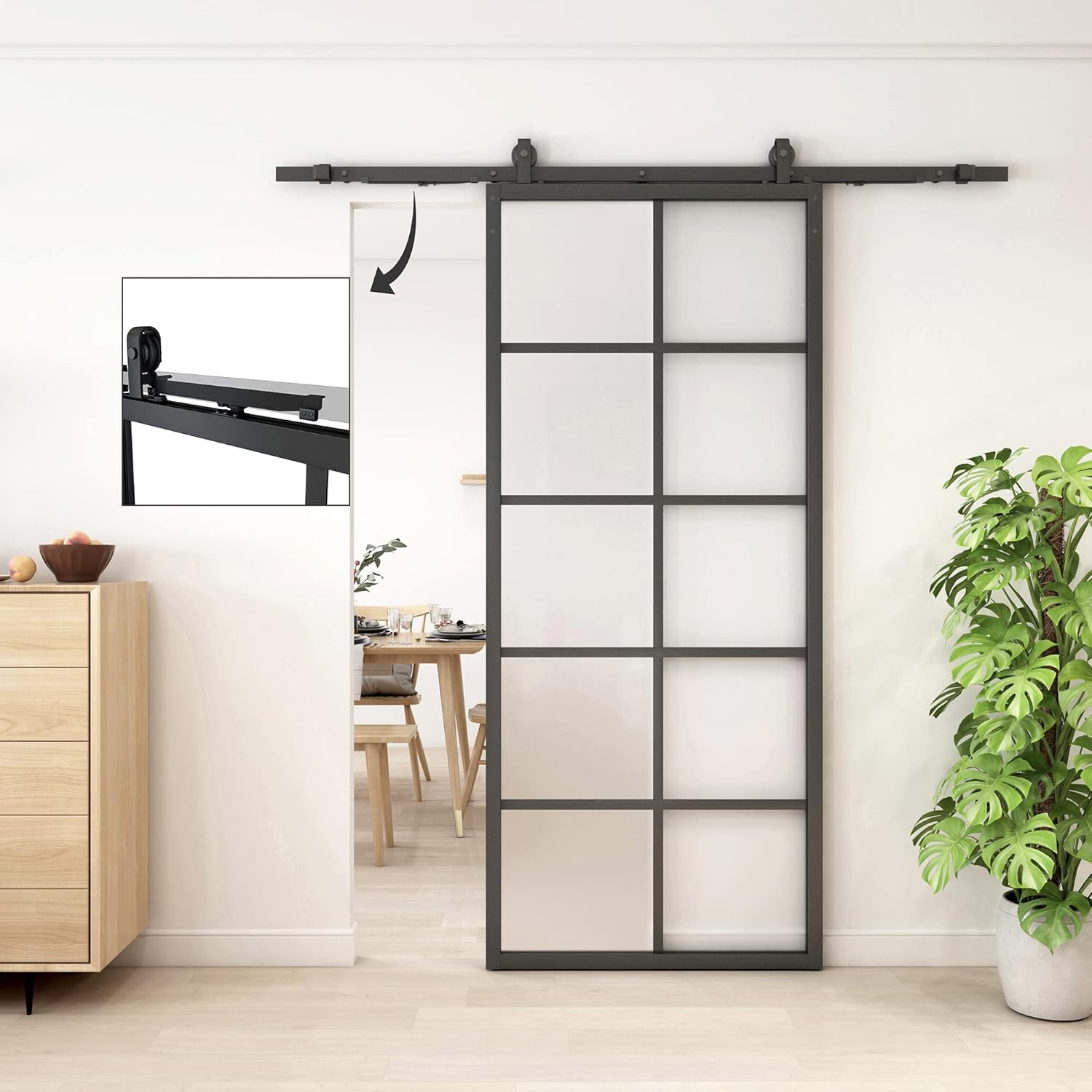 JUBEST Puerta corrediza de granero de vidrio de 36 x 84 pulgadas con kit de herramientas de 6.6 pies y cierre suave incluido, marco de aluminio