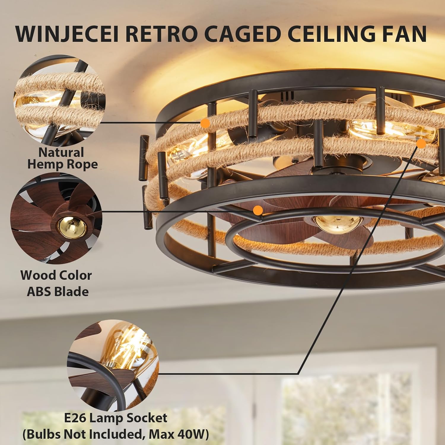 WINJECEI Ventilador de techo enjaulado de 18 pulgadas con control remoto de luces, ventilador de techo rústico de montaje empotrado con motor
