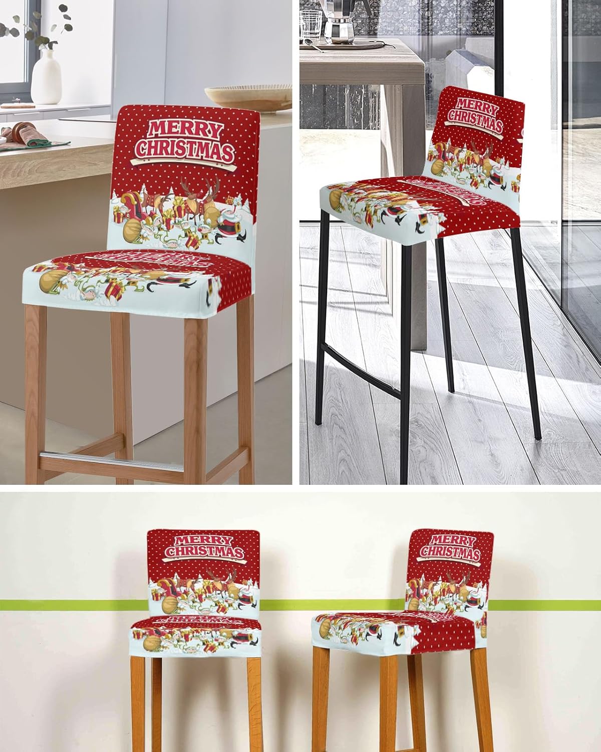 Juego de 2 fundas elásticas para taburete de bar de Papá Noel, regalo de Navidad, gnomos, ciervos, lunares blancos, rojos, funda para silla de bar,