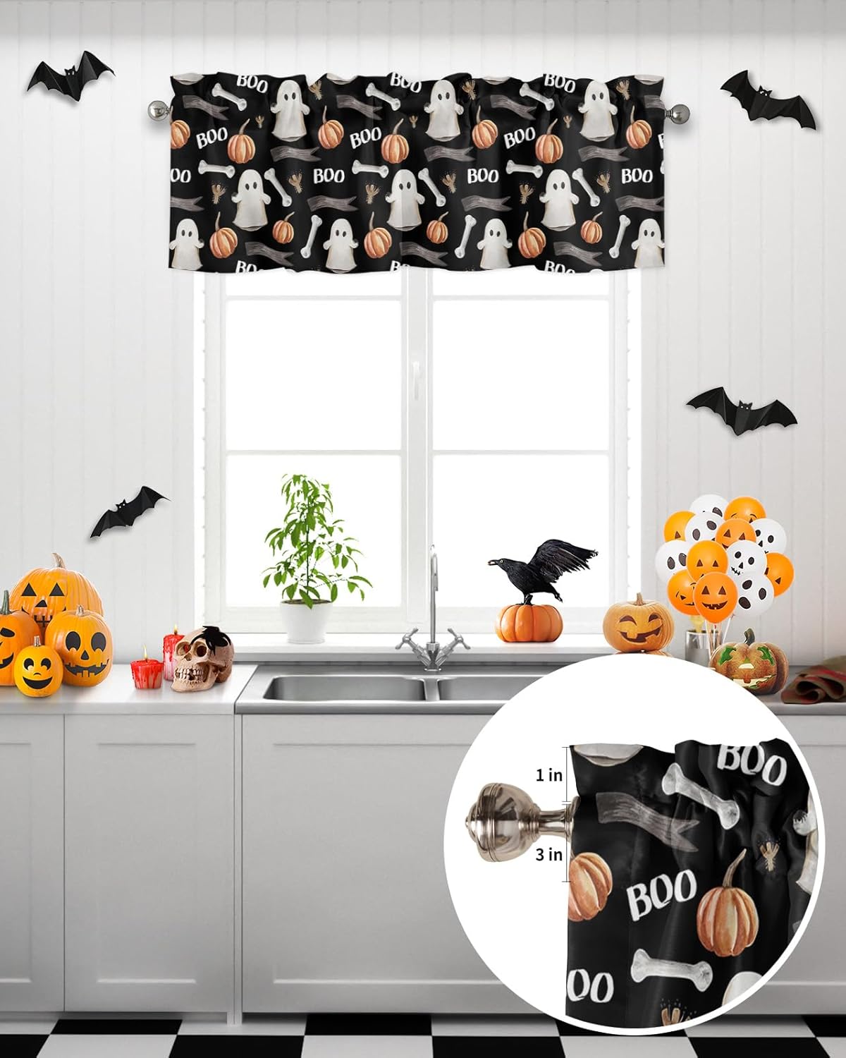 Cortinas de cocina para ventanas, cenefas de Halloween con rama de hueso fantasma, calabaza, color negro, cenefa de cortina con bolsillo para barra,