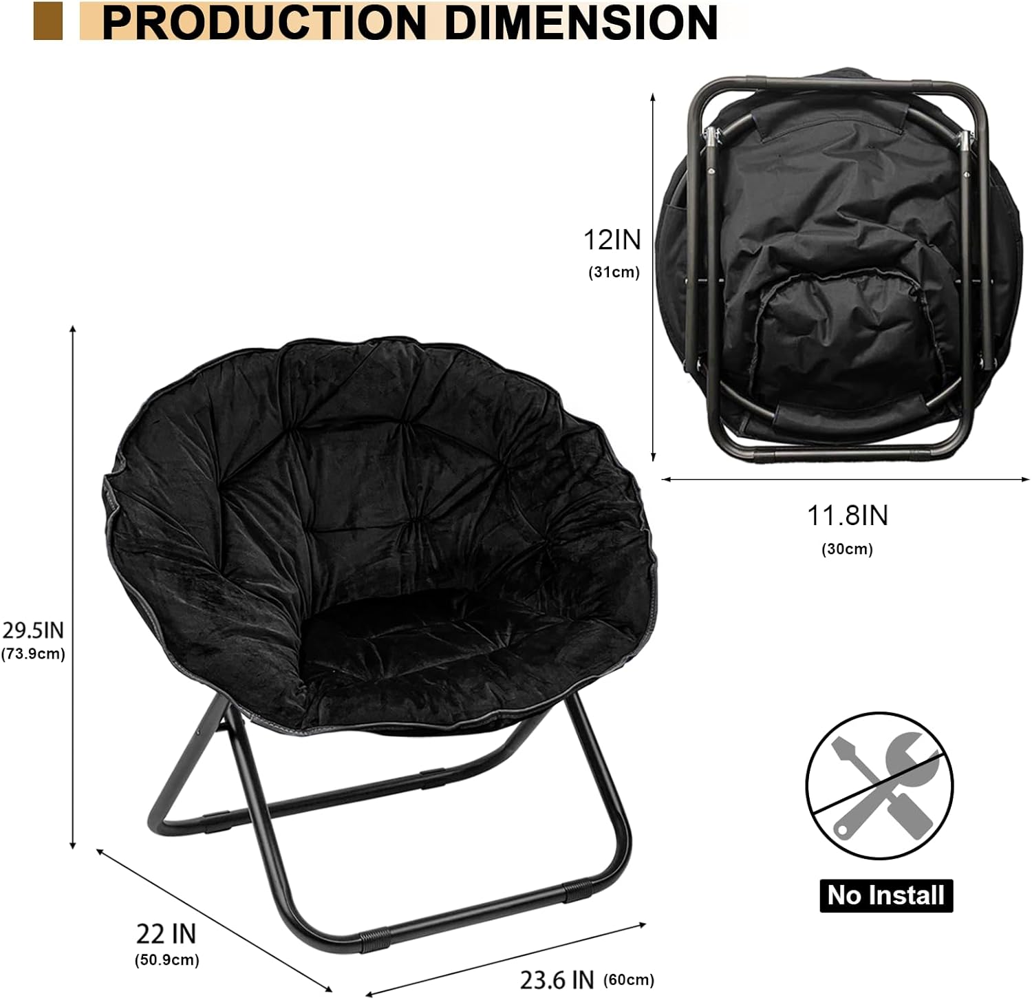 Grezone Silla plegable con platillo, silla de luna perezosa de gran tamaño con marco de metal, cómodas sillas de dormitorio para dormitorio, sala de