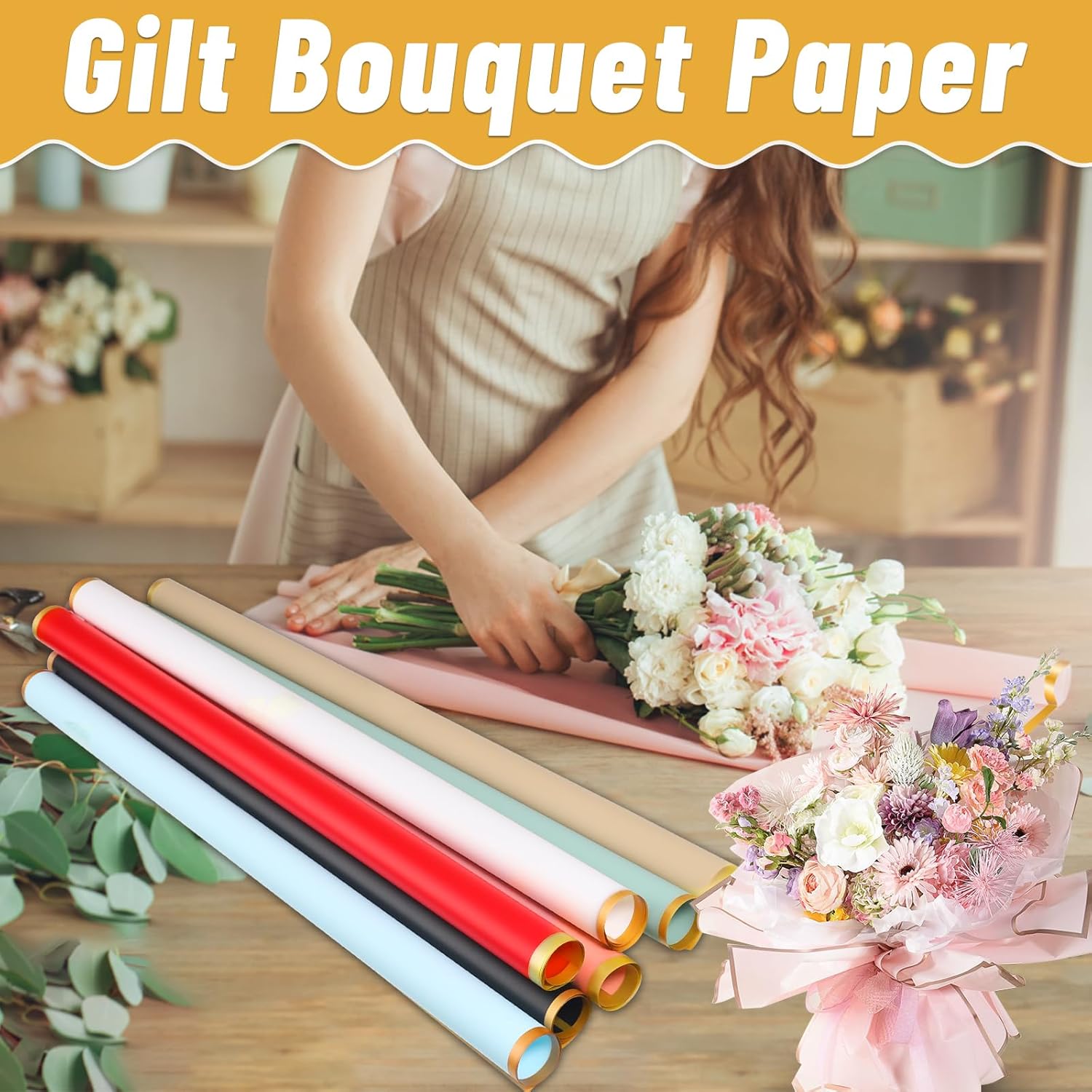 50 piezas de papel de regalo de flores verdes con borde dorado, papel de regalo coreano impermeable con 1 rollo de cinta y tarjetas de regalo, papel