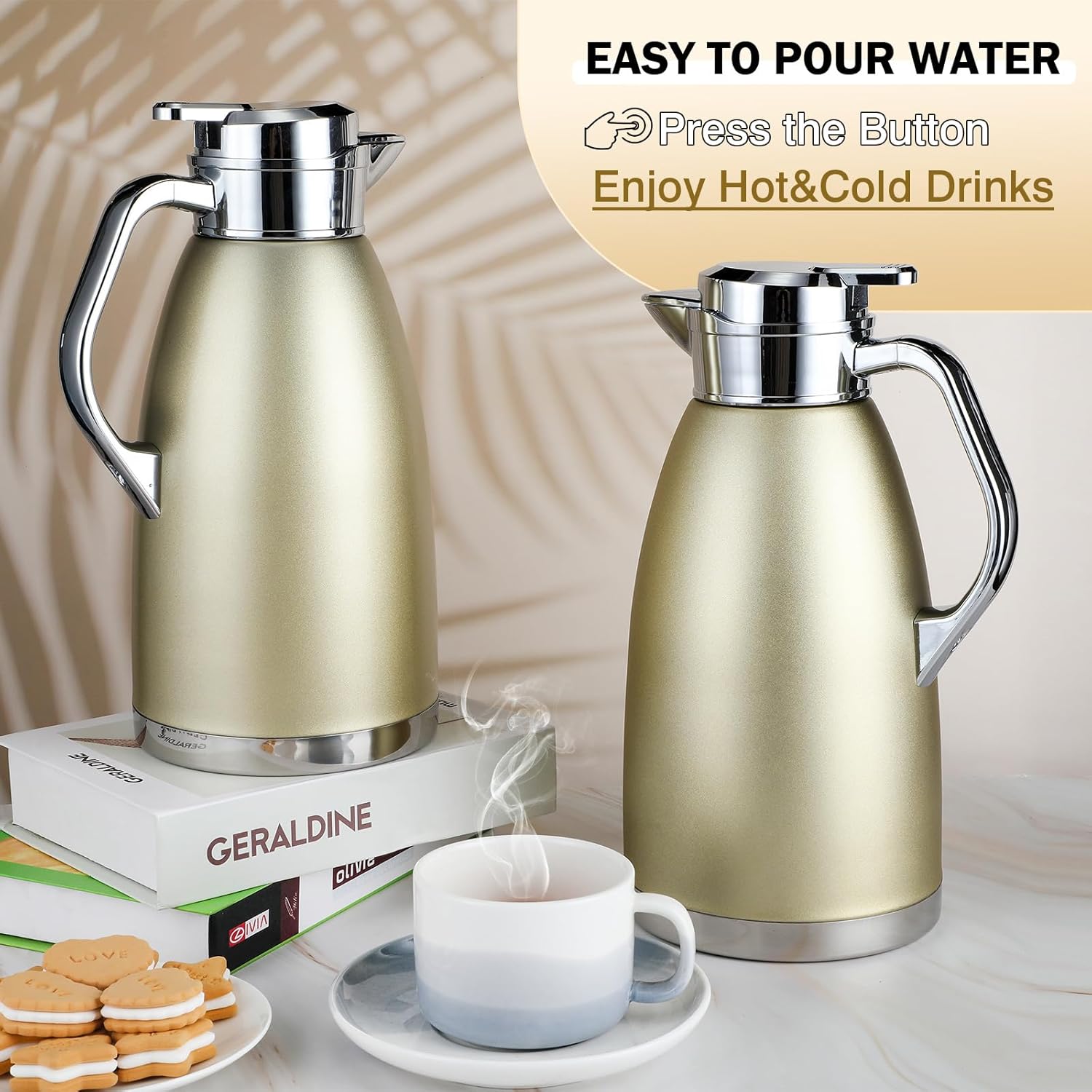 2 jarras térmicas de café de 78 onzas, dispensador de agua caliente, jarra de acero inoxidable para café líquido caliente, té, leche con 2 cepillos,
