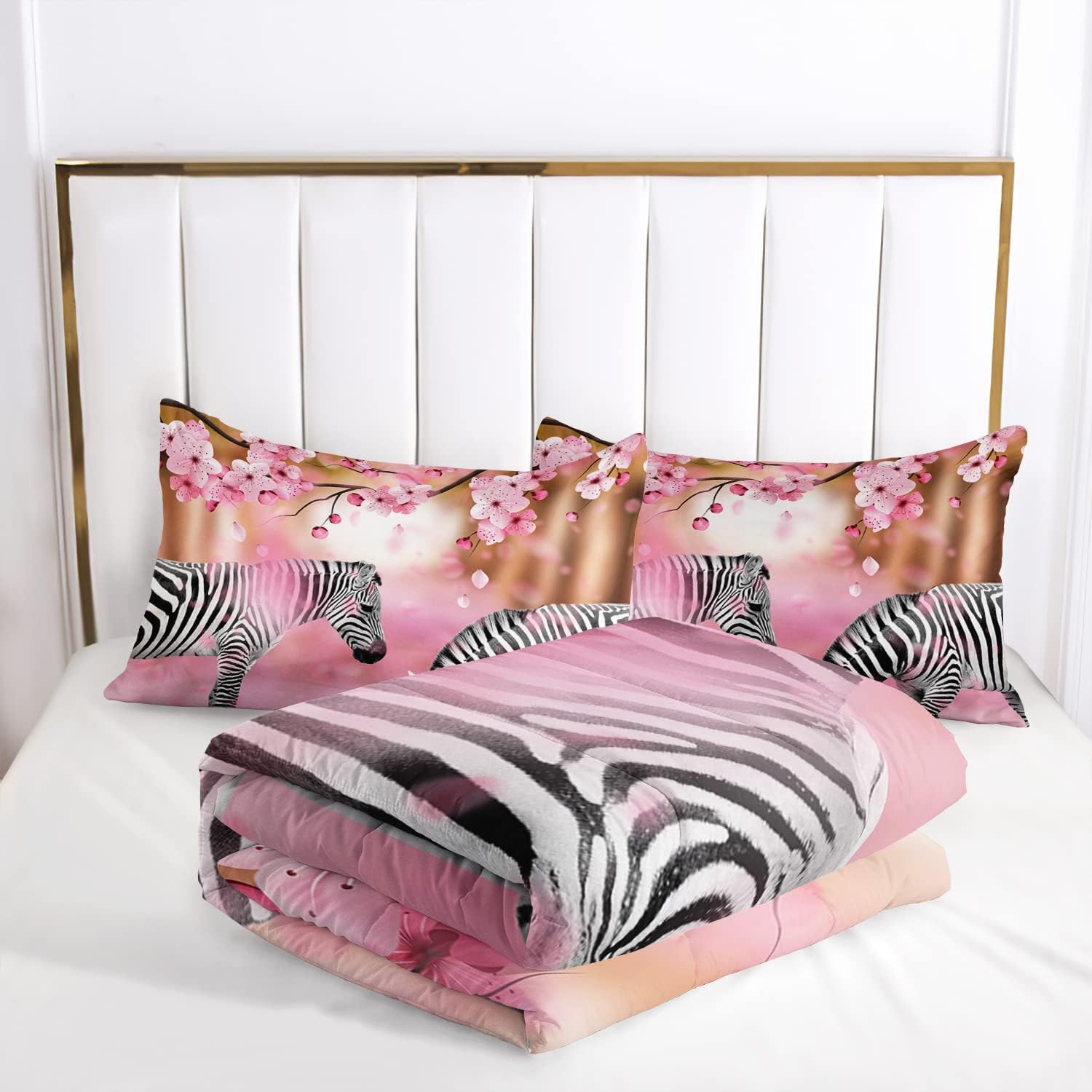 AILONEN Juego de edredón de animales de ensueño, tamaño matrimonial, juego de ropa de cama de cebra con flor de durazno primaveral, juego de edredón