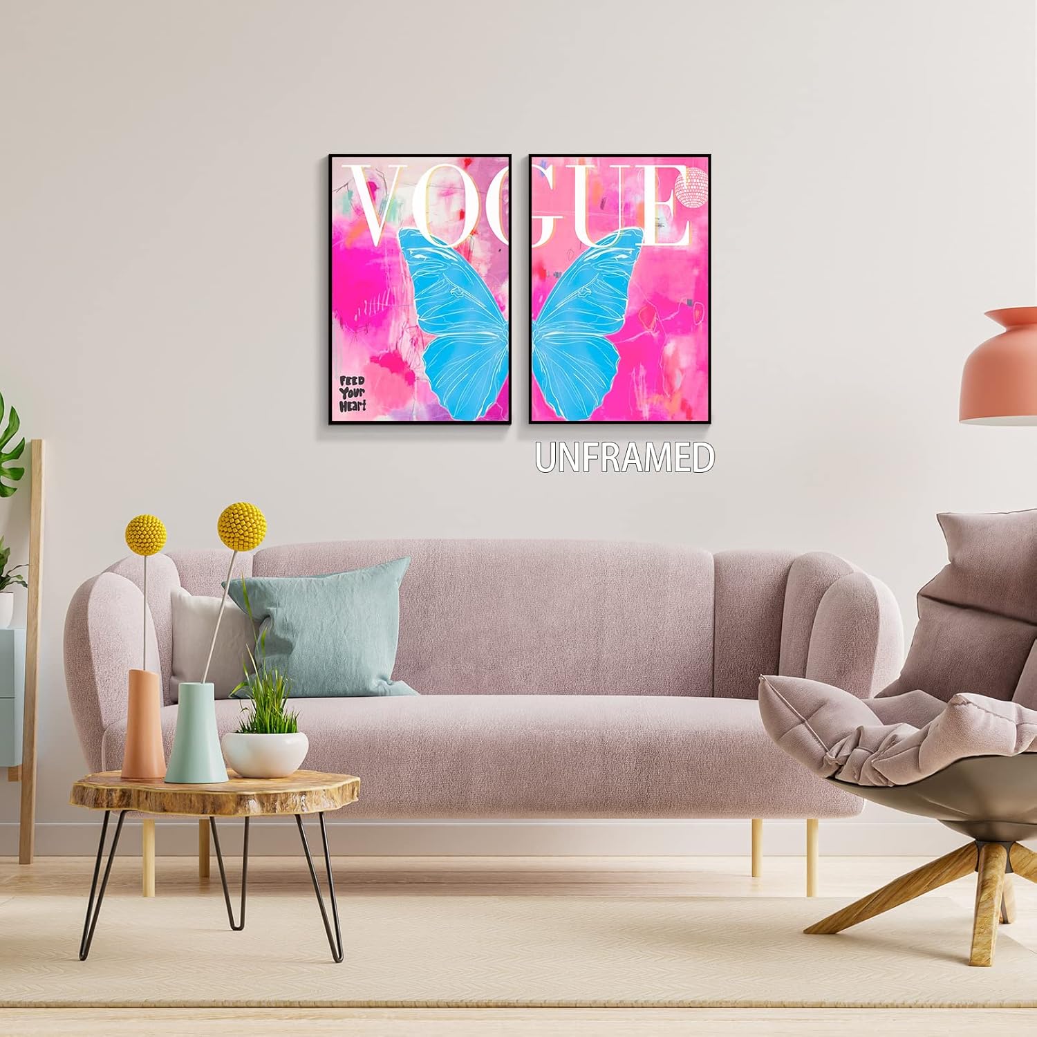 TACRIG 2 piezas de arte de pared en lienzo de mariposa azul de moda preppy – Pósteres de imágenes de moda rosa para dormitorio de niñas – Decoración