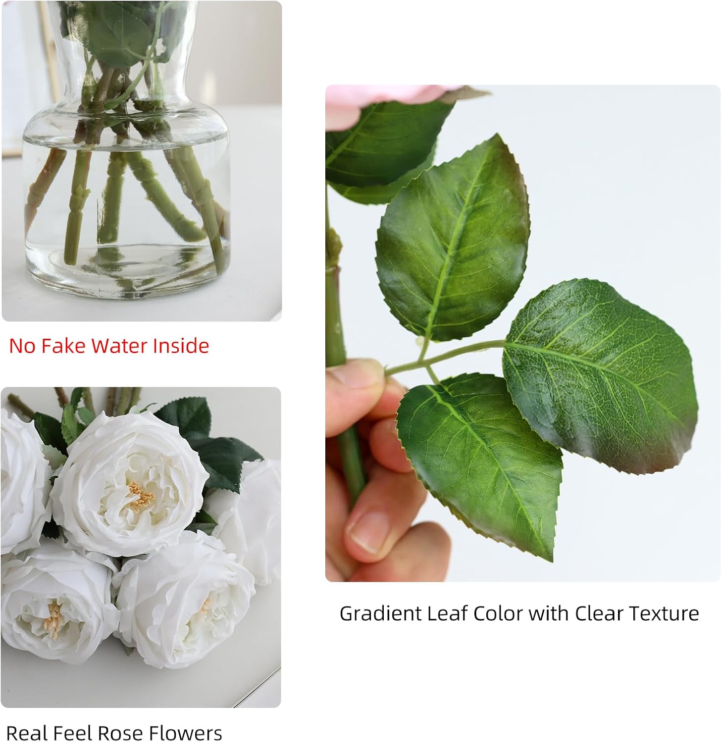 6 flores falsas de peonías de rosas Austin con jarrón, florero de vidrio transparente con peonías blancas de tacto real, flores artificiales para
