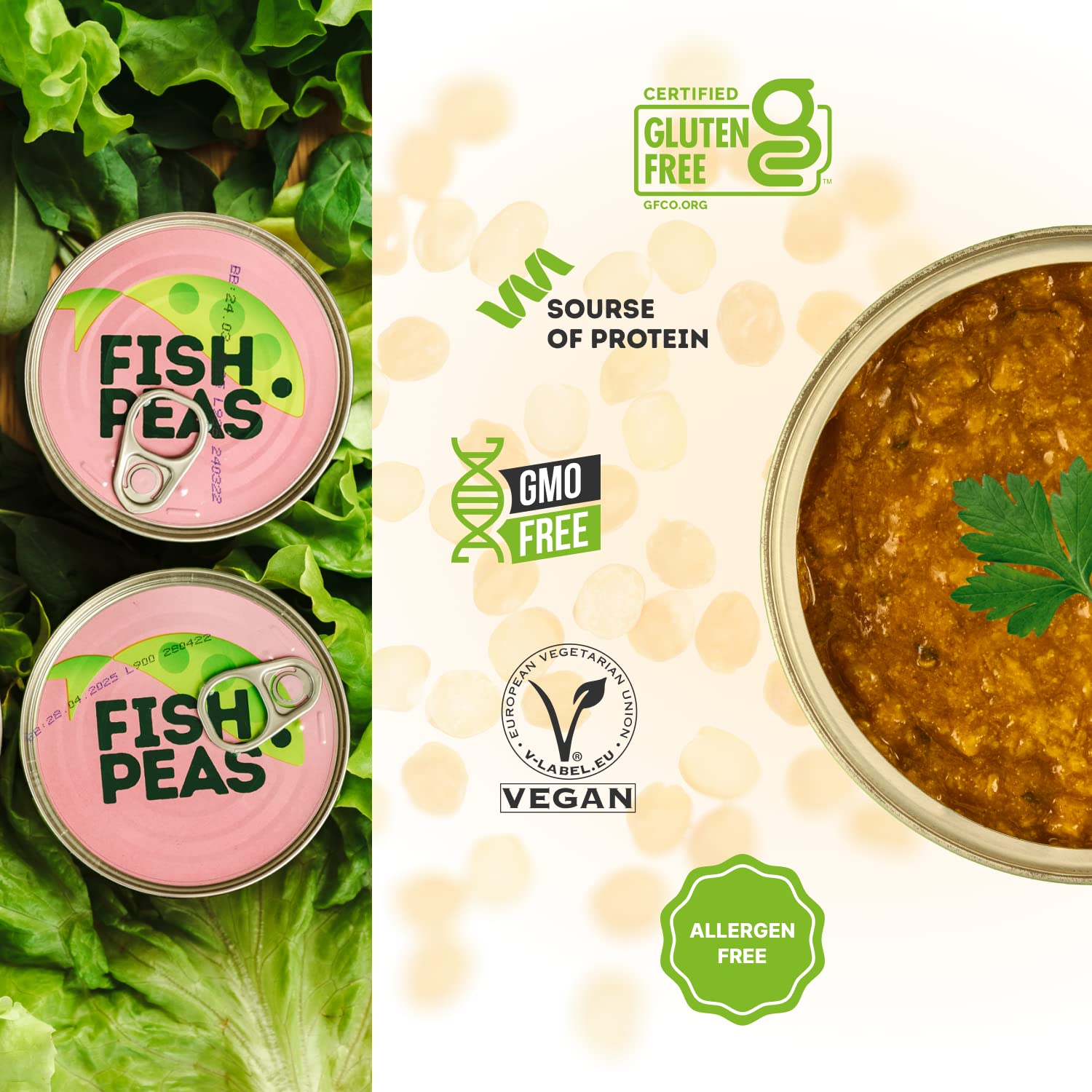 FISH PEAS – Alimento vegano a base de plantas para untar en salsa EXÓTICA con coco, jengibre y limón. Comidas listas para comer a base de plantas,