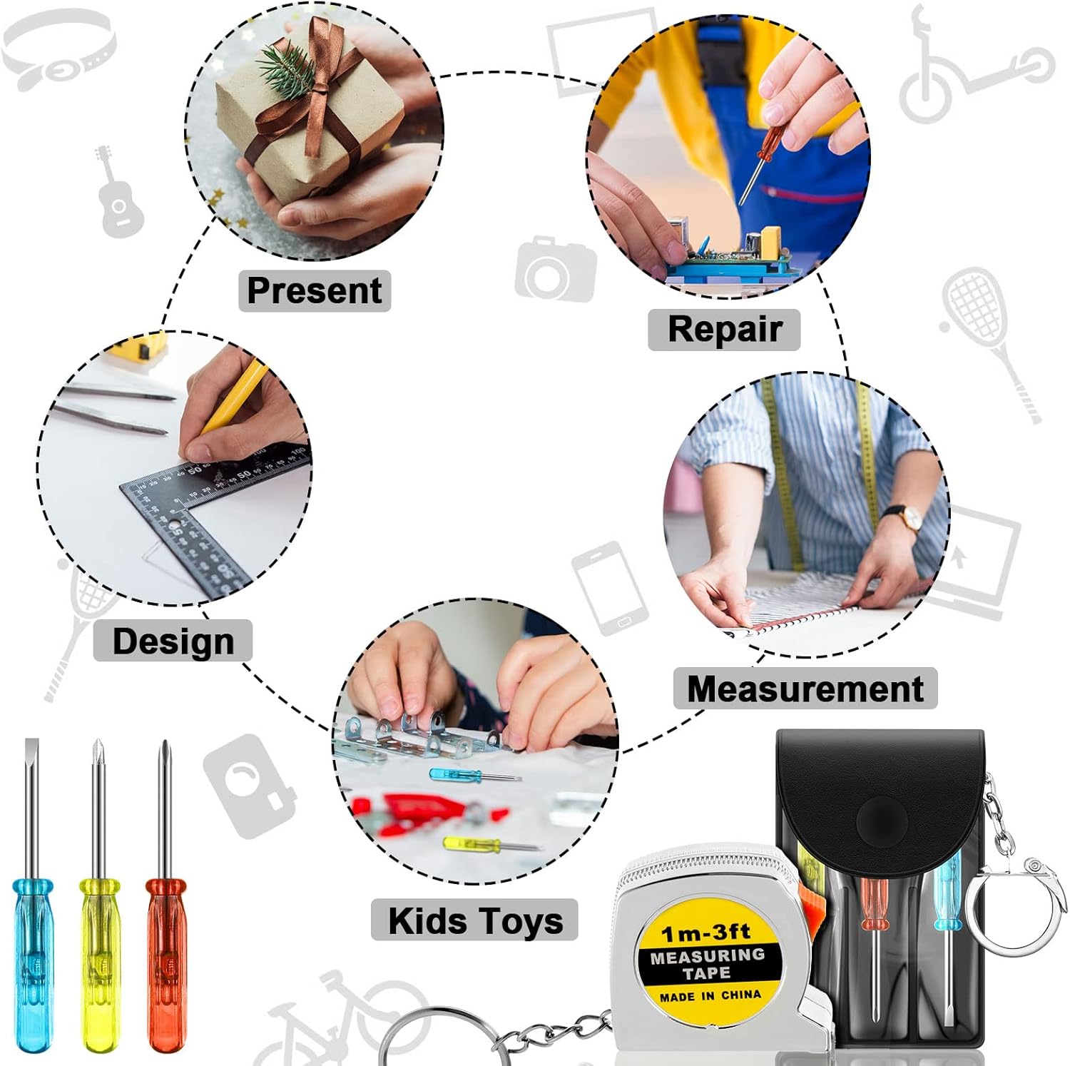 Jutom Juego de 120 llaveros con mini destornillador, cinta métrica, regalos a granel retráctiles para adultos y hombres, herramienta de Navidad,