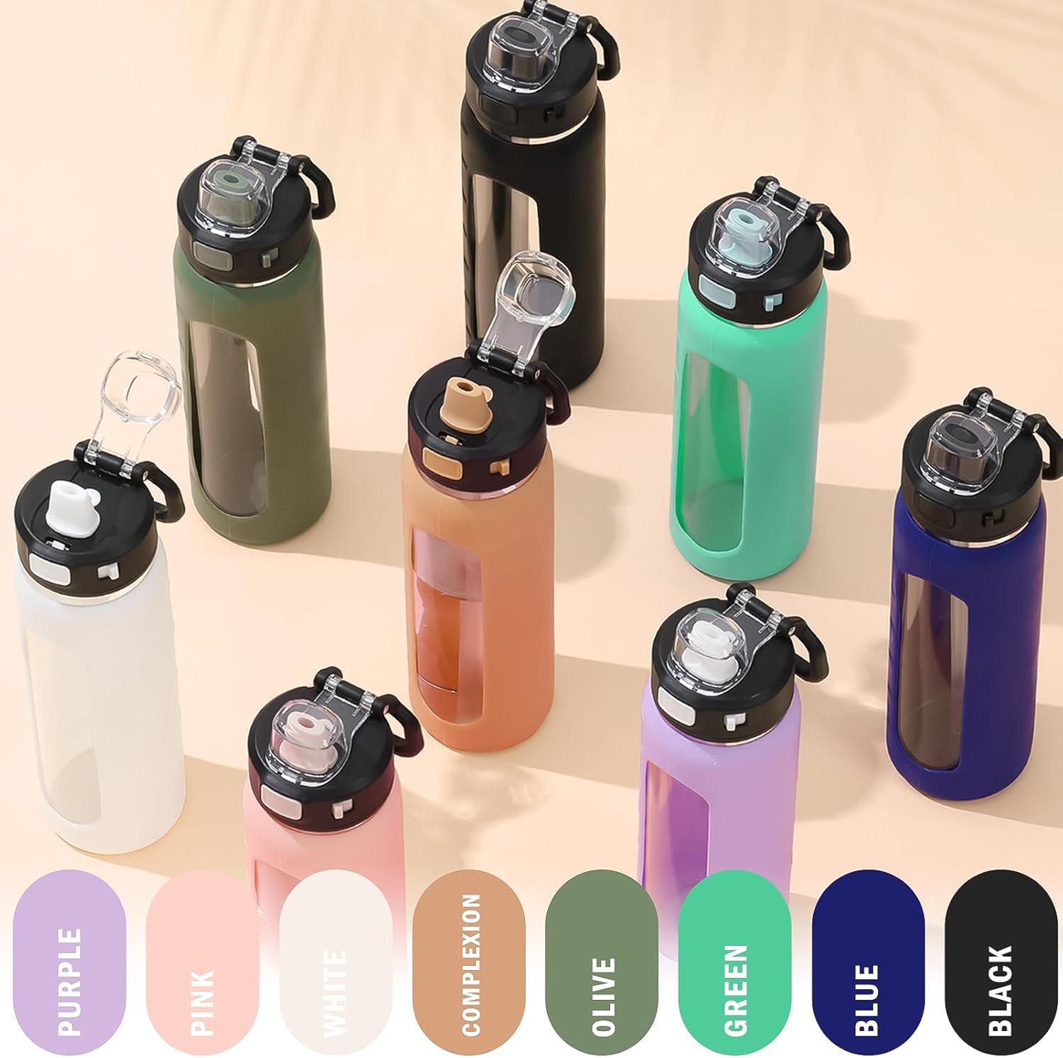 BLUEGO Botella de agua de vidrio de 24 onzas, botella de agua motivacional con marcador de tiempo y popote, botellas de agua con tapa de bloqueo y