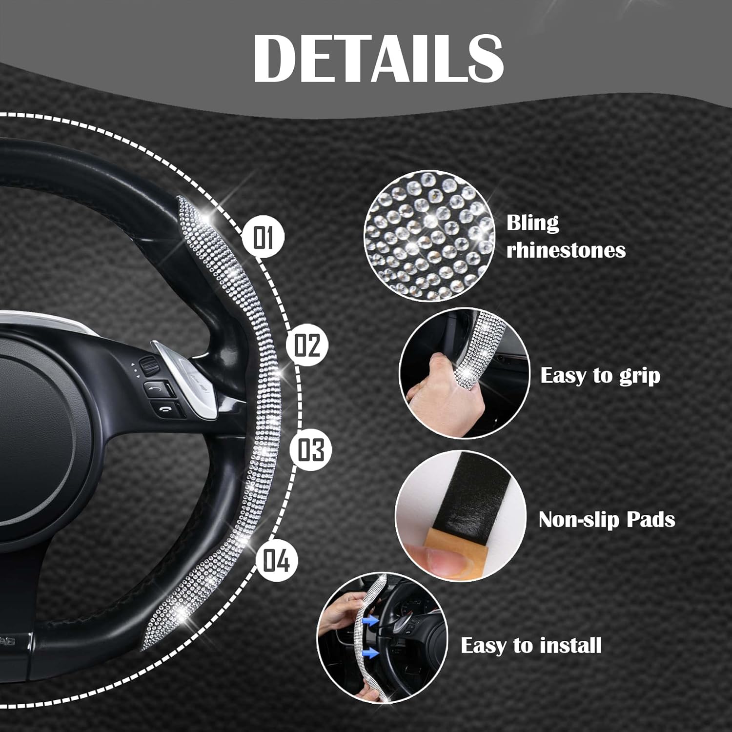 CAR PASS Funda para volante con diamantes de imitación de cristal, protector de rueda segmentado, antideslizante, lindos accesorios de automóvil,