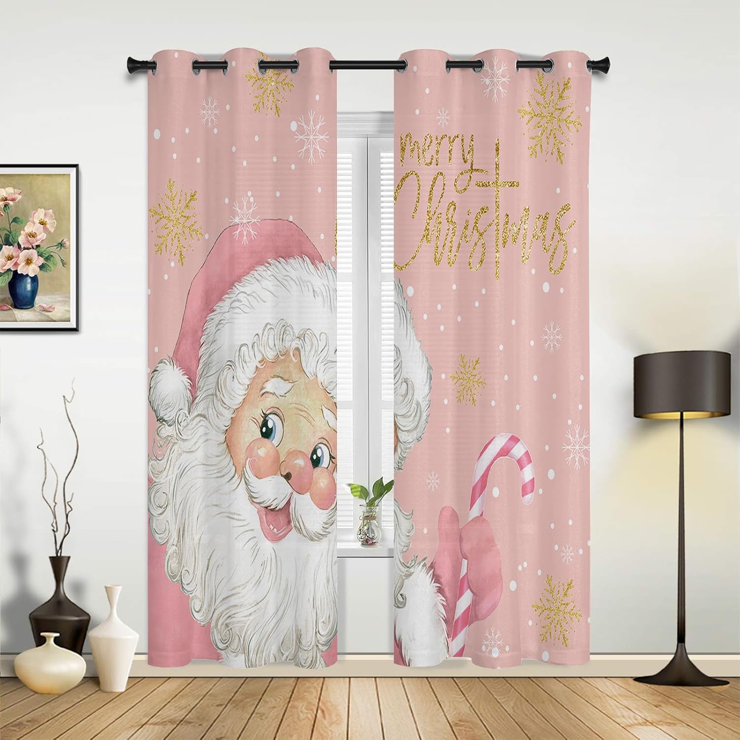 Libaoge Juego de 2 paneles de cortinas de Navidad rosas para sala de estar, bonitas cortinas de ventana de Papá Noel rosa, cortinas de copo de nieve