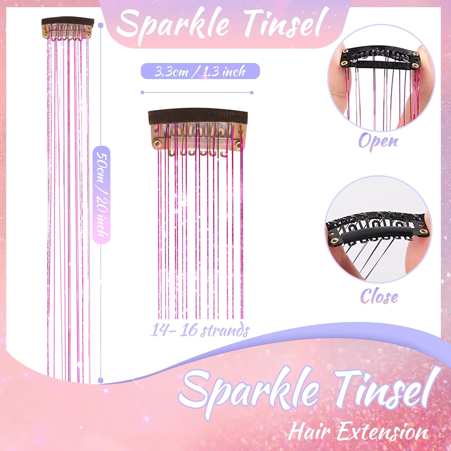 Kit de oropel de cabello con clip, 12 piezas, extensiones de cabello de 20 pulgadas, resistente al calor, kit de oropel de cabello de hada con