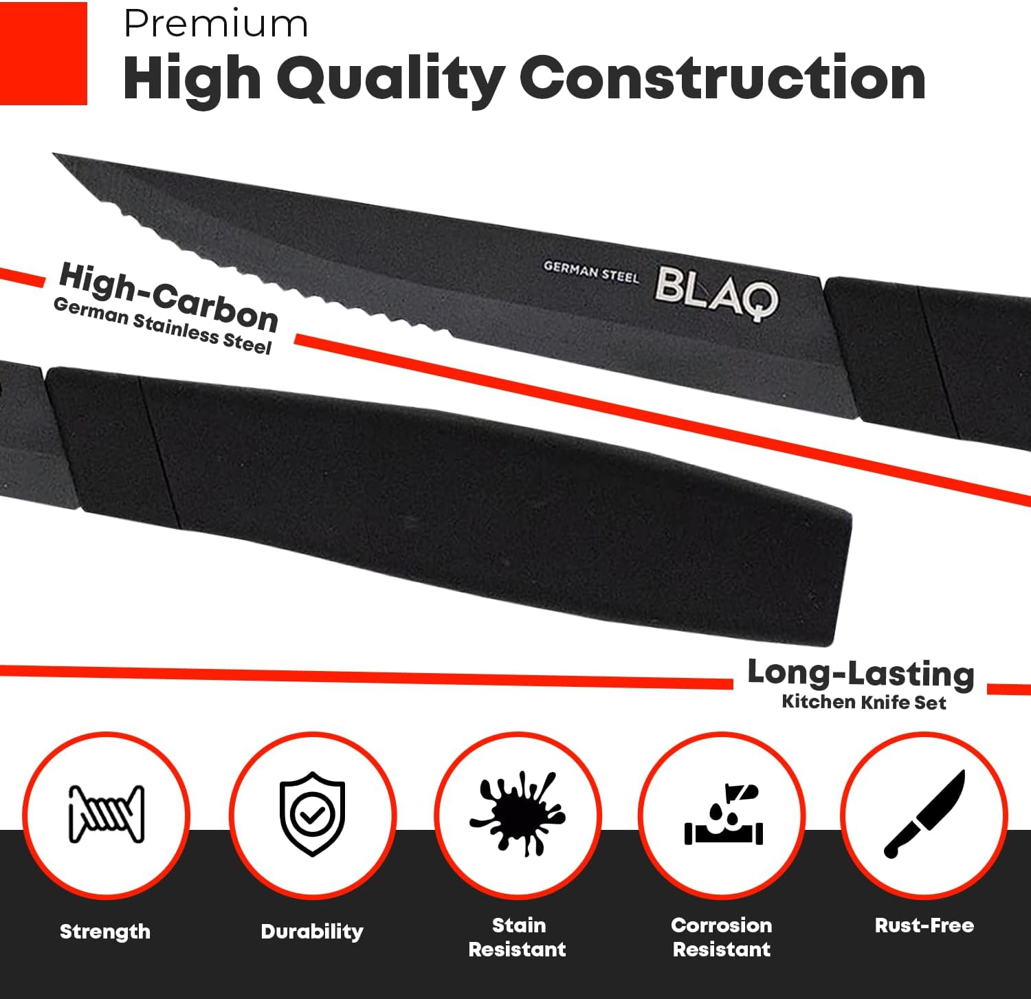 BLAQ Juego de 4 cuchillos para carne, cuchillos alemanes de acero inoxidable dentado con asas ergonómicas, aptos para lavavajillas, cuchillos para