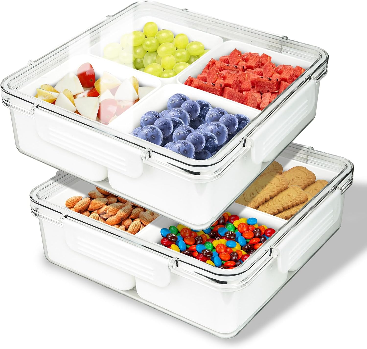 2 Pack Sealed 4 Compartment Snackle Box Container, Divided Food Serving Trays & platters with Lid for Snack, Fruit, Vegetable, Fish, Meat,