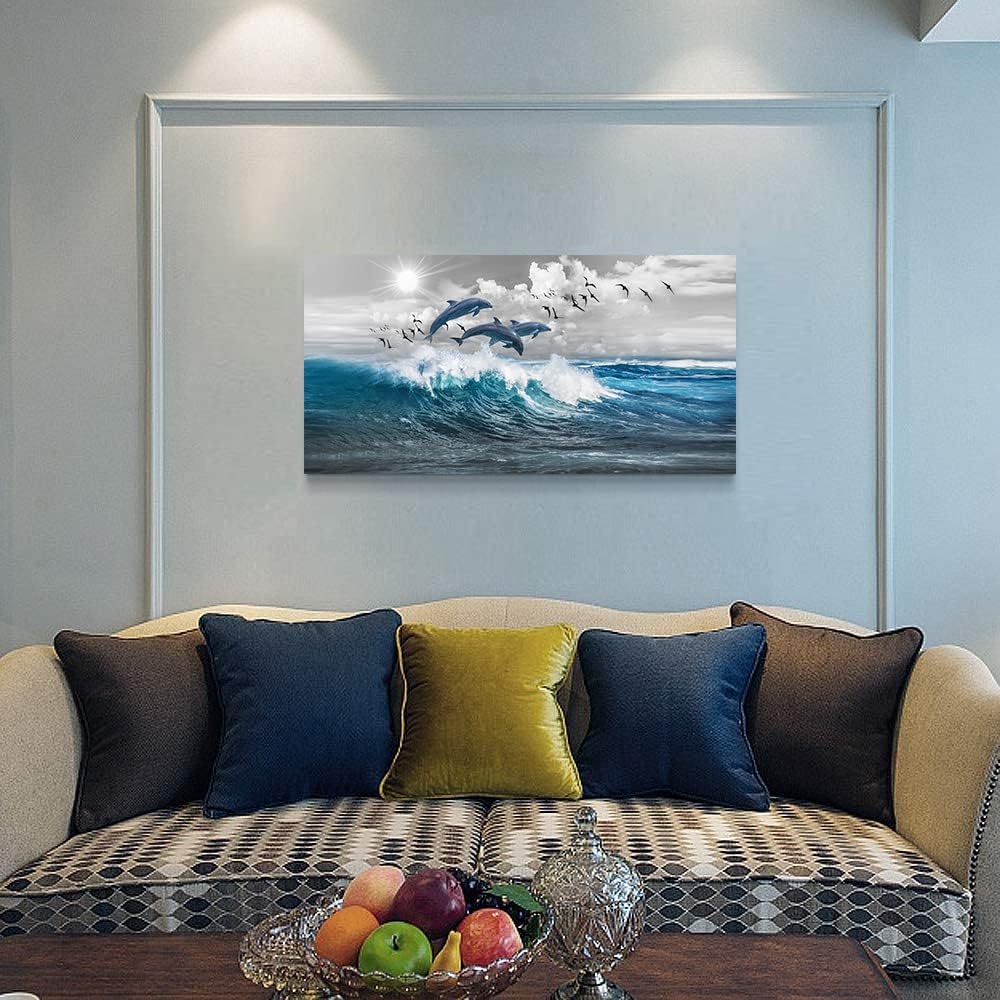 Decoración de pared para sala de estar, lienzo de gran tamaño, arte de pared para dormitorio, olas azules del mar, ilustraciones de pared, arte