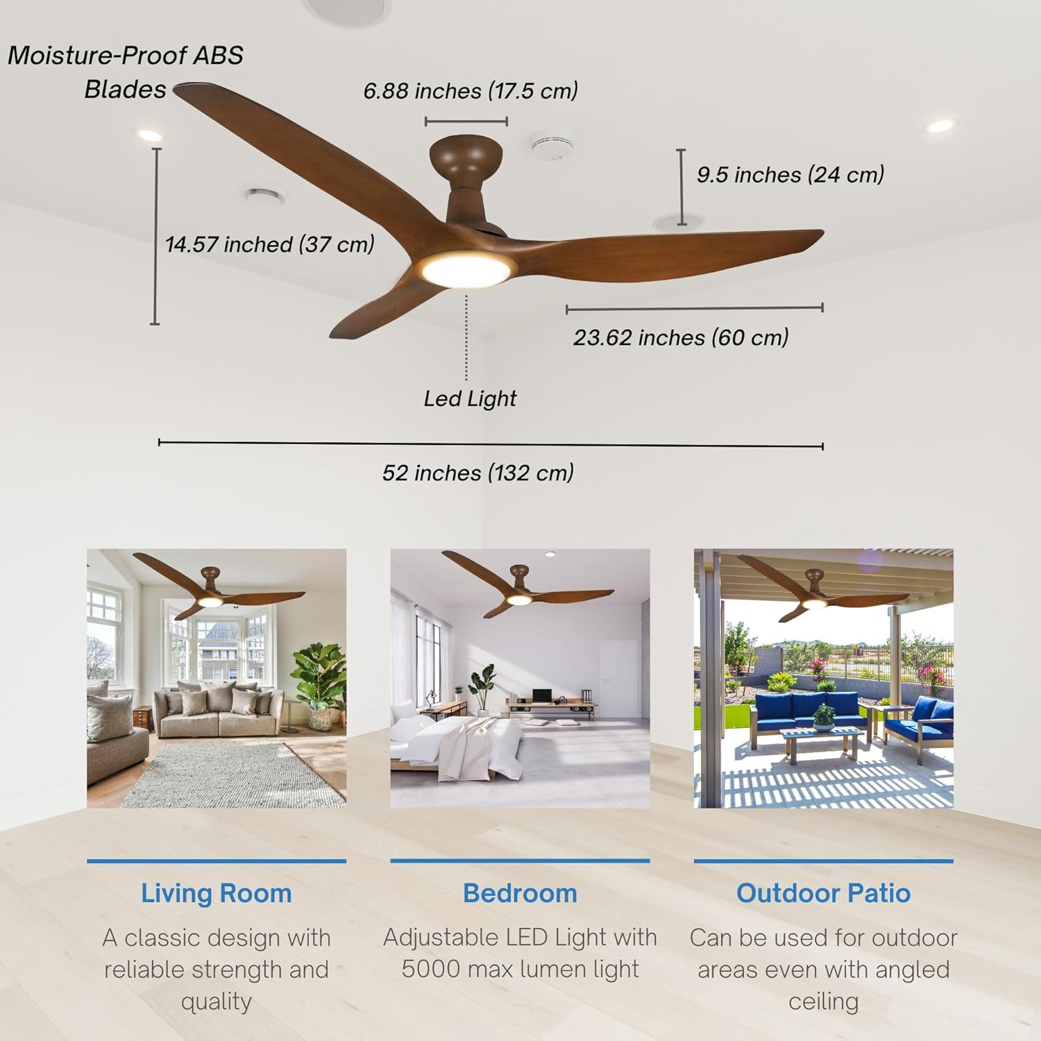 Venta Ventilador de techo de 3 aspas con certificación ETL de 64 pulgadas con control remoto de luces, color madera natural con luz LED y