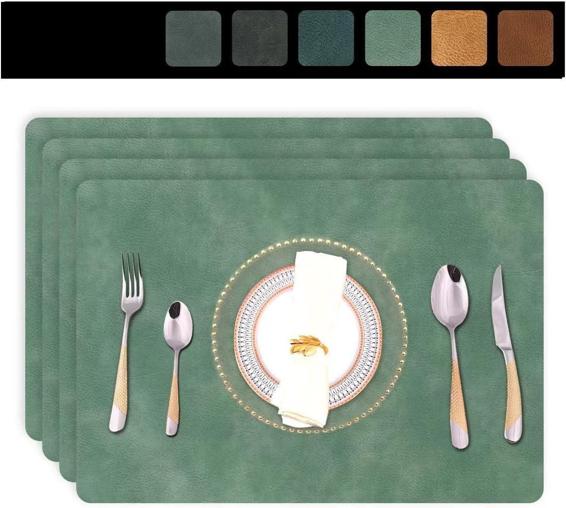 Juego de 4 manteles individuales reutilizables de piel sintética para mesa de comedor, 12 x 17 pulgadas, resistentes al agua y a las manchas,
