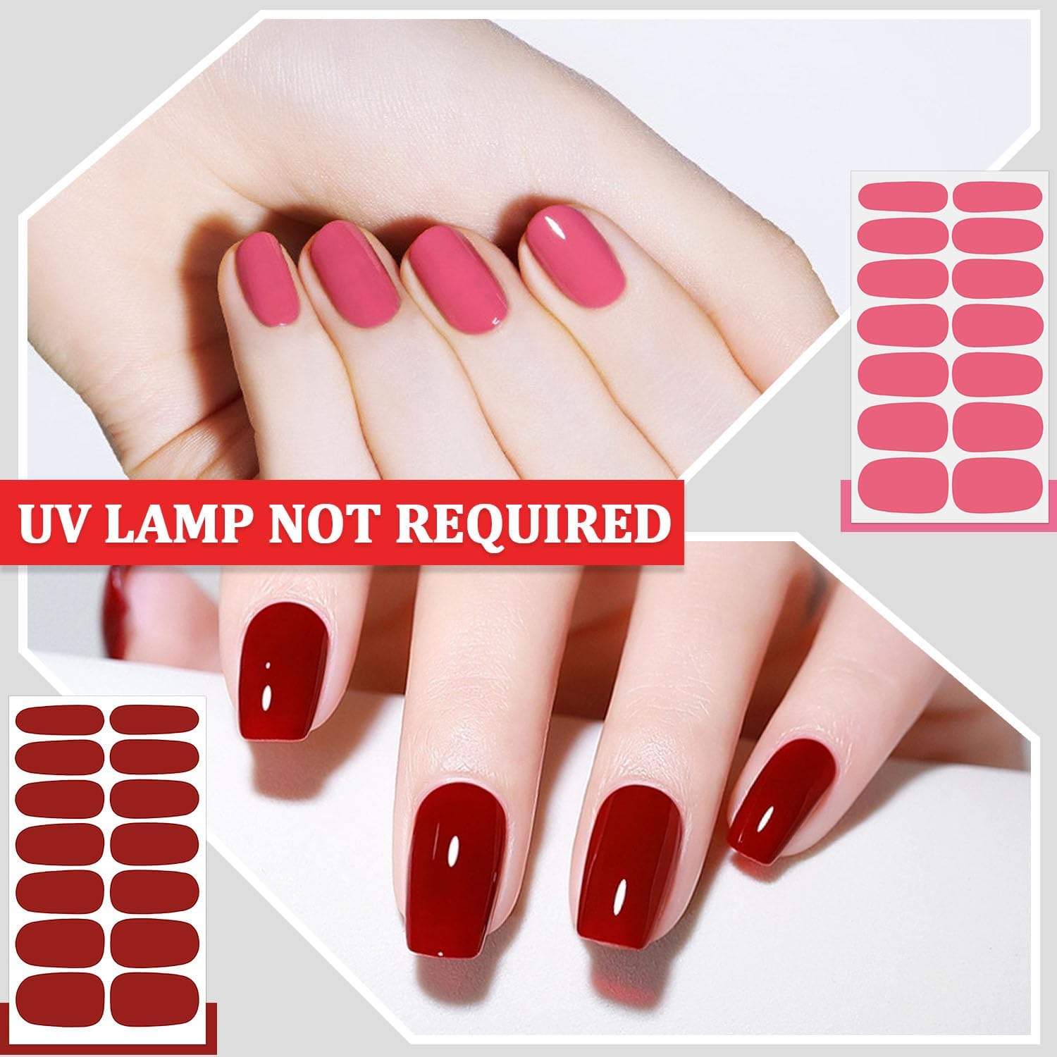 SILPECWEE 16 hojas de calcomanías de esmalte de uñas rosa y rojo, envolturas completas para mujeres, tiras de esmalte de uñas, tiras de uñas de gel,