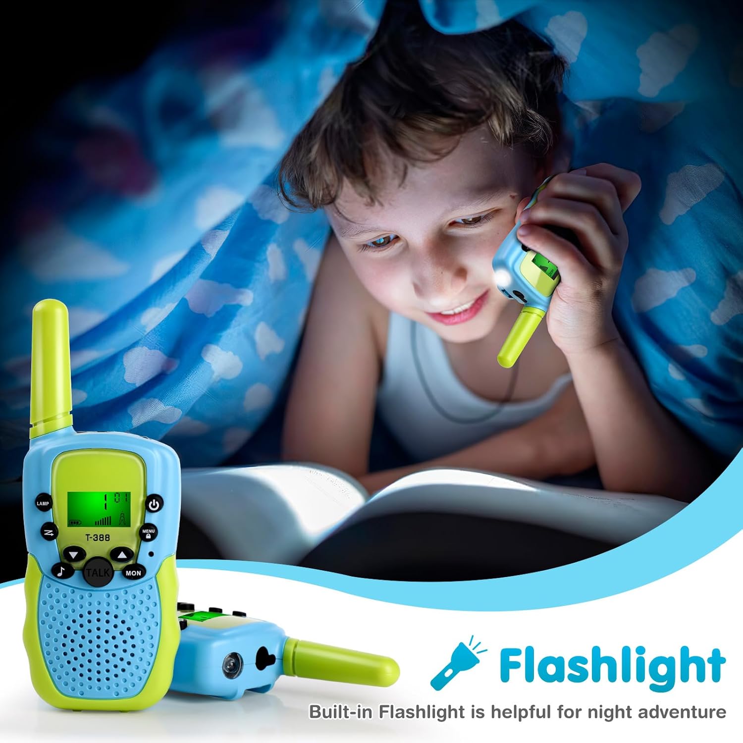 GINMIC Walkie Talkie para niños, juguetes para niños de 3 a 12 años con linterna LCD retroiluminada, paquete de 2 walkie talkies de largo alcance 22