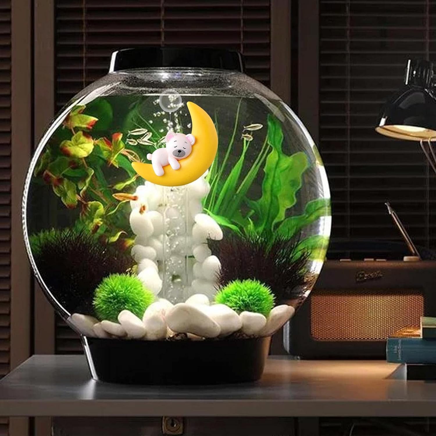Naysku Decoraciones de peces para tanques, decoración flotante de conejo de oso lunar para acuario, adornos decorativos para paisajismo, dispositivo