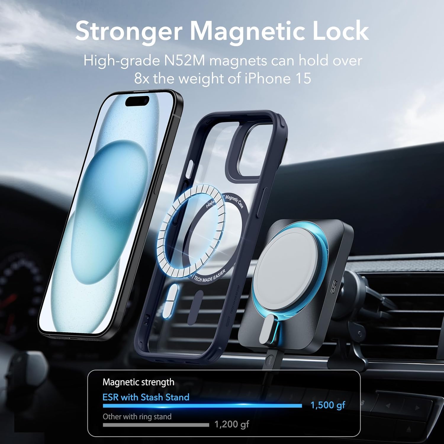 ESR Funda para iPhone 15 Plus, compatible con MagSafe, funda protectora de grado militar, funda para teléfono con soporte integrado, cubierta