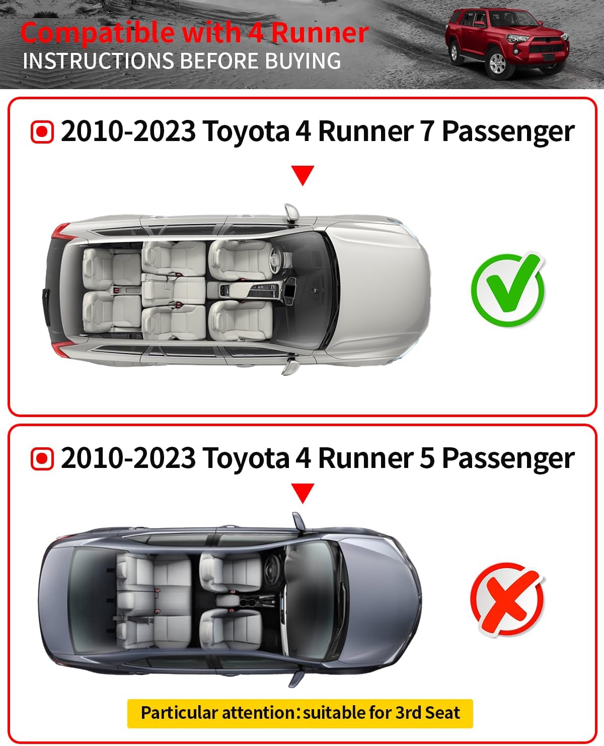 Tapete de carga compatible con Toyota 4 Runner 2010-2024 de 7 asientos, alfombrilla de maletero de carga para todo tipo de clima, accesorios para