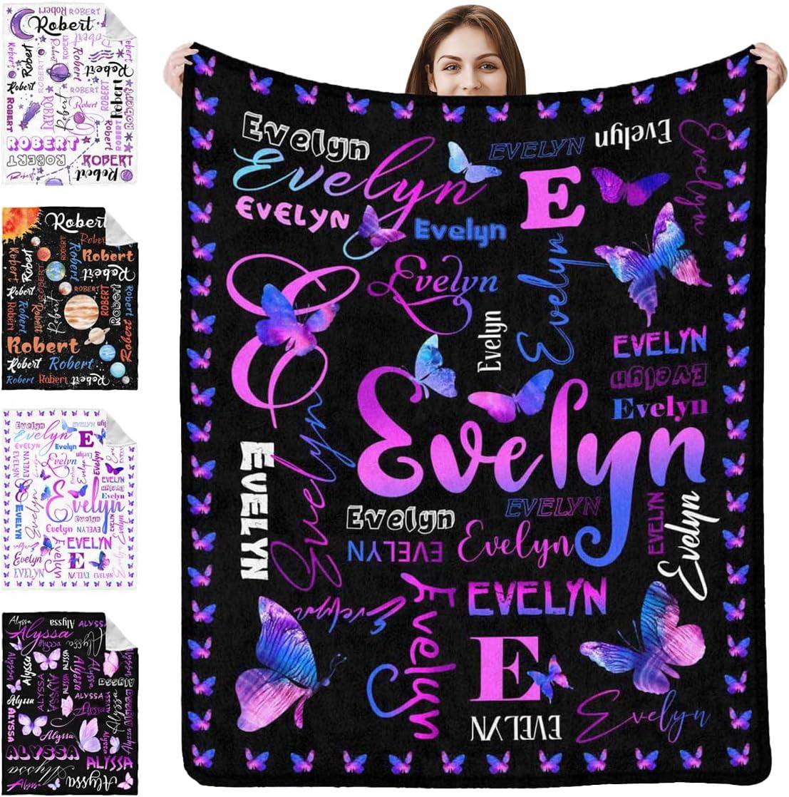 Manta personalizada con nombre de marido, esposa, mariposa, luna, manta personalizada para aniversario, boda, hija o nieta (6 tamaños)