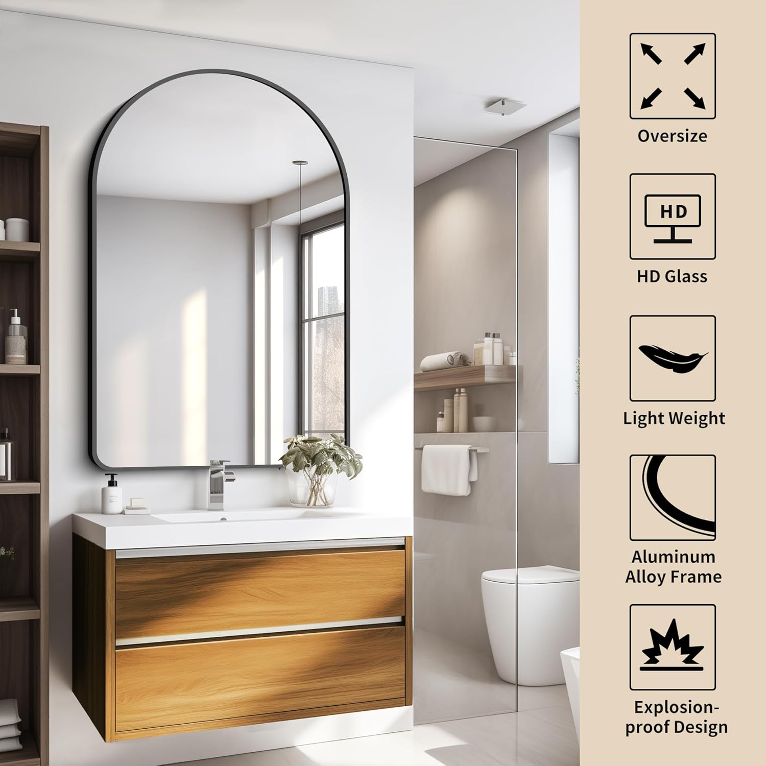 Espejo de pared arqueado, espejo de baño de 32 x 48 pulgadas, moderno marco de aleación de aluminio negro, espejo de tocador grande para dormitorio,