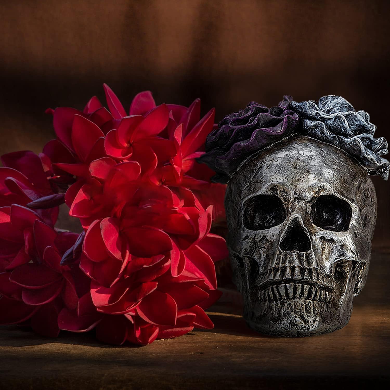 Estatuas de calavera de Halloween, decoración del hogar, día de muertos, morado, gris, rosa, plata, calavera de resina, decoración de calavera de