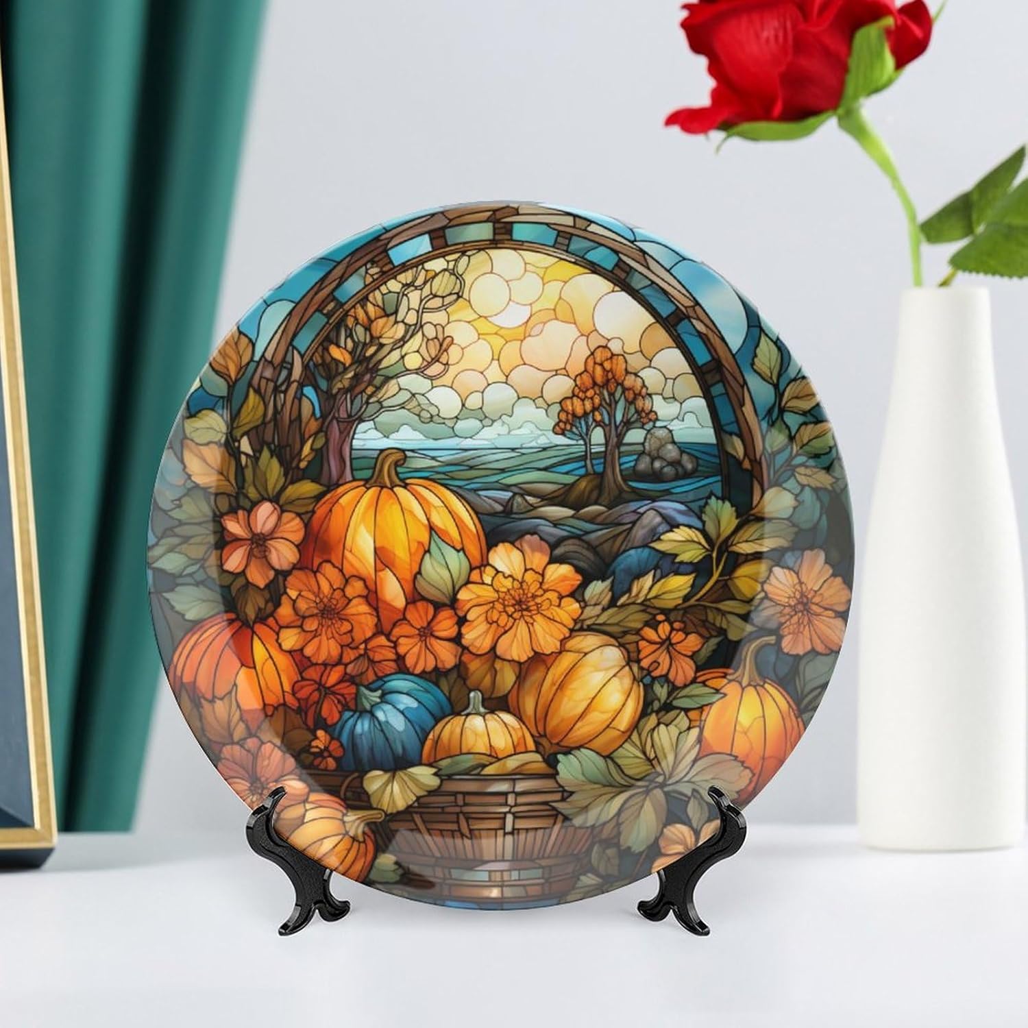 Plato de cosecha de otoño de calabaza para decoración de pared de oficina en casa, plato decorativo con soporte de exhibición, adorno de cerámica,