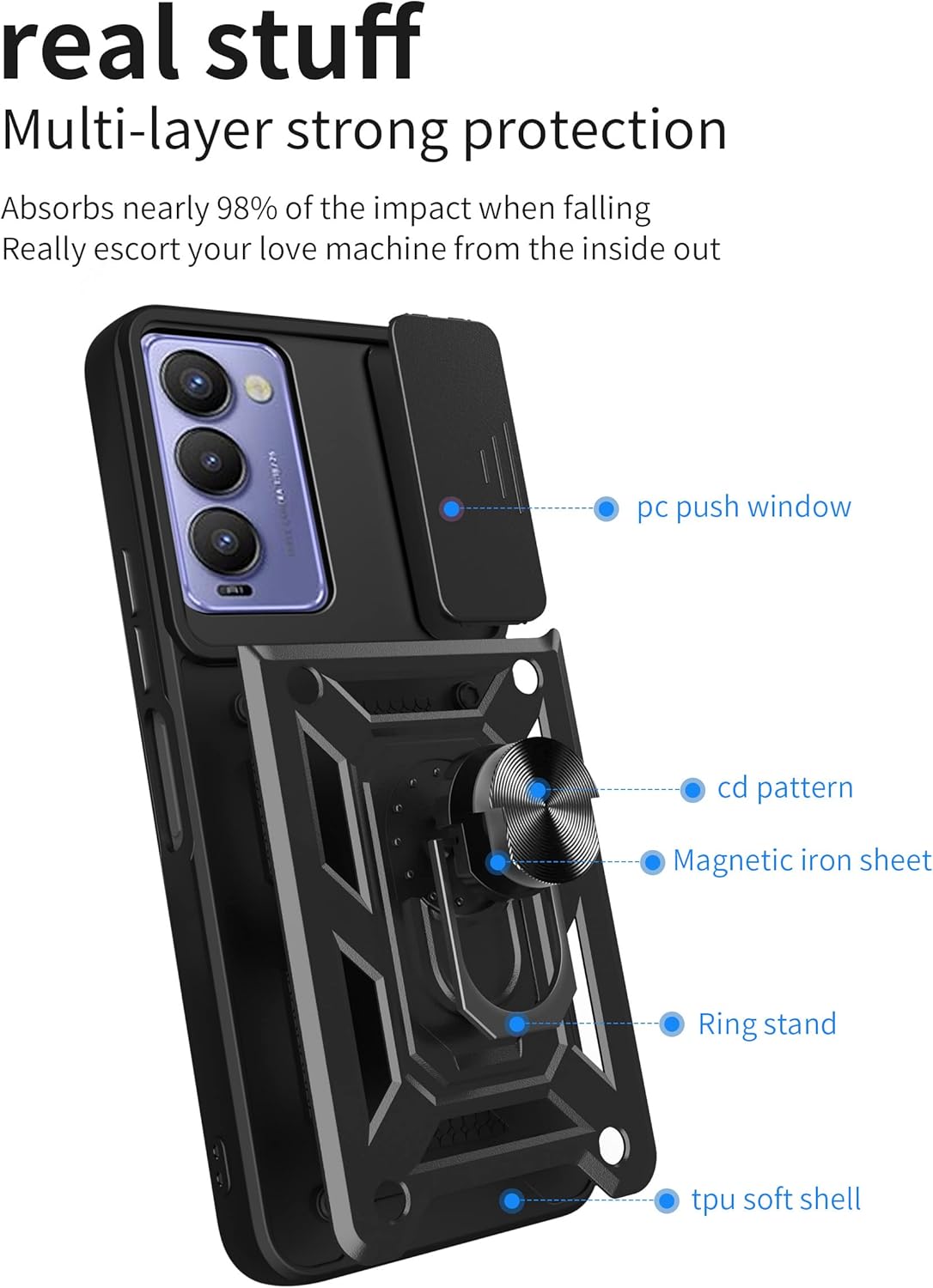 Compatible con Tecno Camon 18 P Carcasa de soporte, con cubierta deslizante para lente de cámara compatible con Tecno Camon 18P CH7n CH7  Camon 18