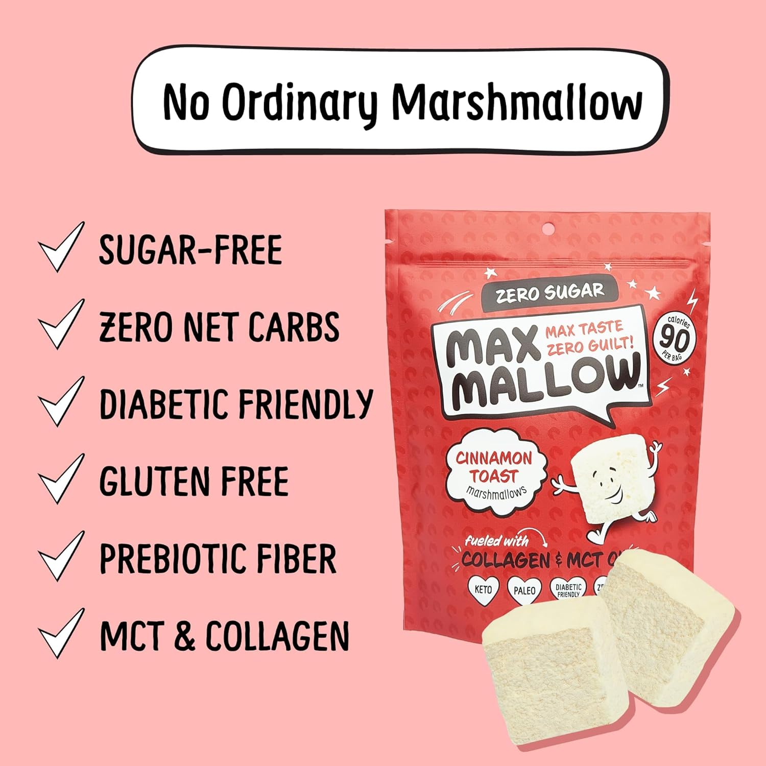 Know Brainer Max Mallow – Tostada de canela – Malvaviscos sin culpa y sin azúcar – Bajo en carbohidratos, cero grasas, sin gluten y cetogénico –