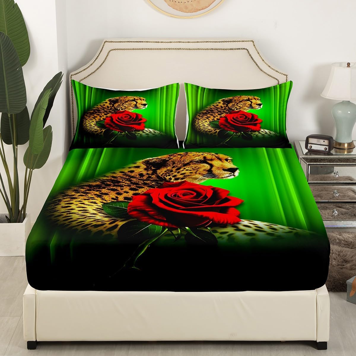 Sábanas de cama con diseño de rosas de guepardo, tamaño individual, estampado de leopardo, flores, juego de ropa de cama para niños, adolescentes,