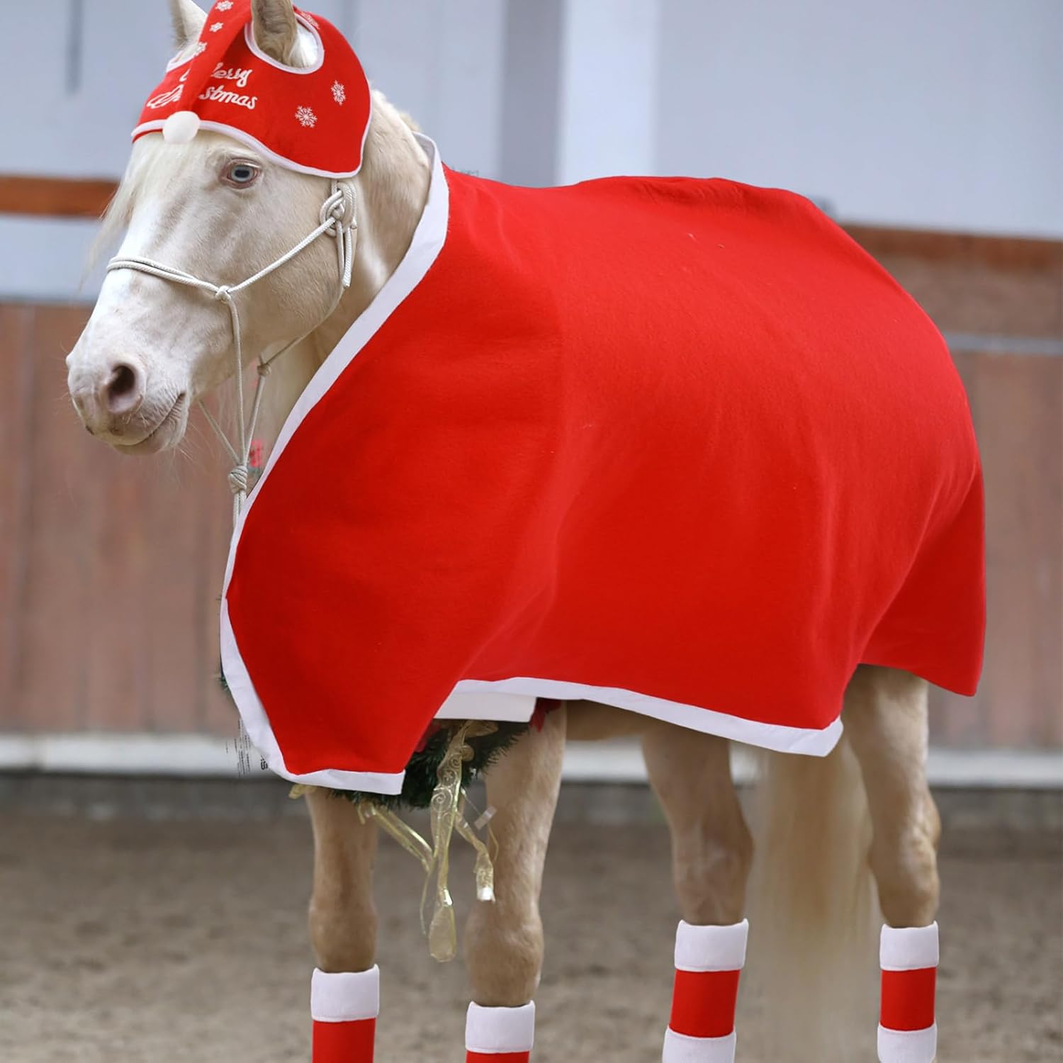 Cunno Paquete de 6 disfraces de Navidad de caballo que incluye funda halter de caballo con ribete de forro polar con 4 piezas de envolturas para