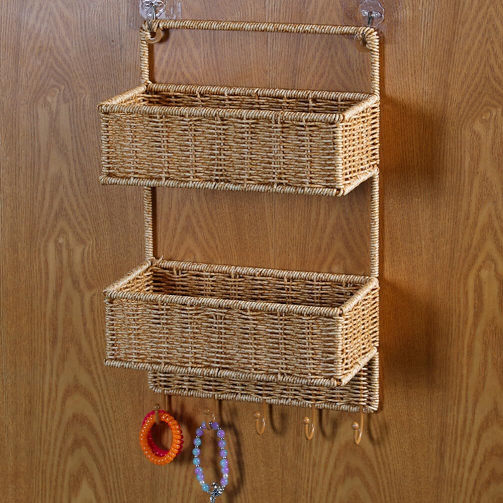 Angoily Cesta clasificadora de almacenamiento tejida de 2 niveles con 5 ganchos, cesta de frutas colgante de ratán para cocina, verduras,