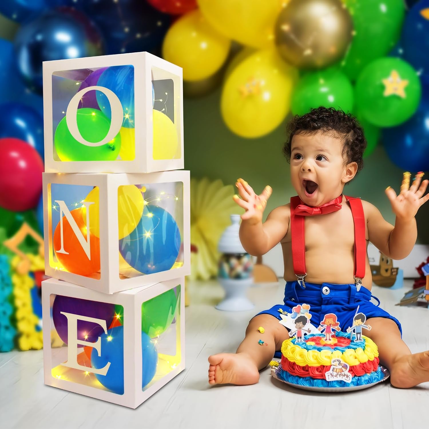 Cajas de globos de primer cumpleaños, cajas de globos con letras “O”N”E” con 3 tiras de 20 luces LED y 30 globos coloridos para fiestas de arcoíris,