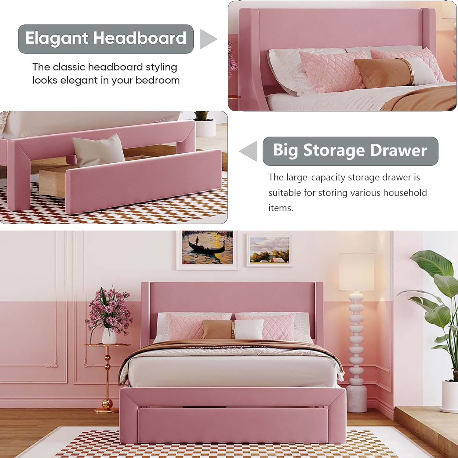 Base de cama tapizada de terciopelo de tamaño matrimonial con un gran cajón de almacenamiento y cabecera copetuda, soporte de listones de madera