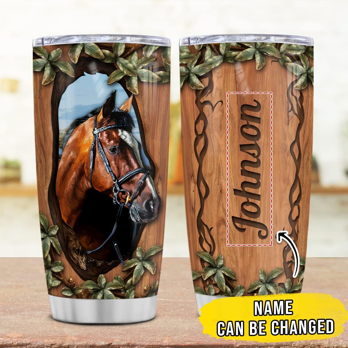 Wassmin Vaso de caballo personalizado con diseño de caballos, estilo de dibujo de madera, regalos de acero inoxidable aislado de 20 onzas, taza de