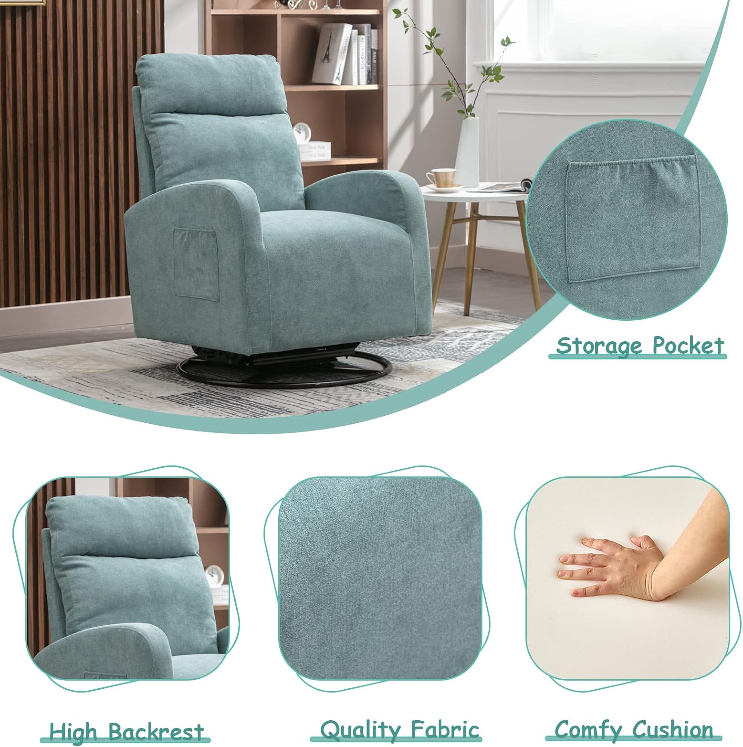 Kurhwyss Silla giratoria para guardería, moderna silla mecedora con respaldo alto y bolsillo de almacenamiento, mecedora tapizada con base de metal