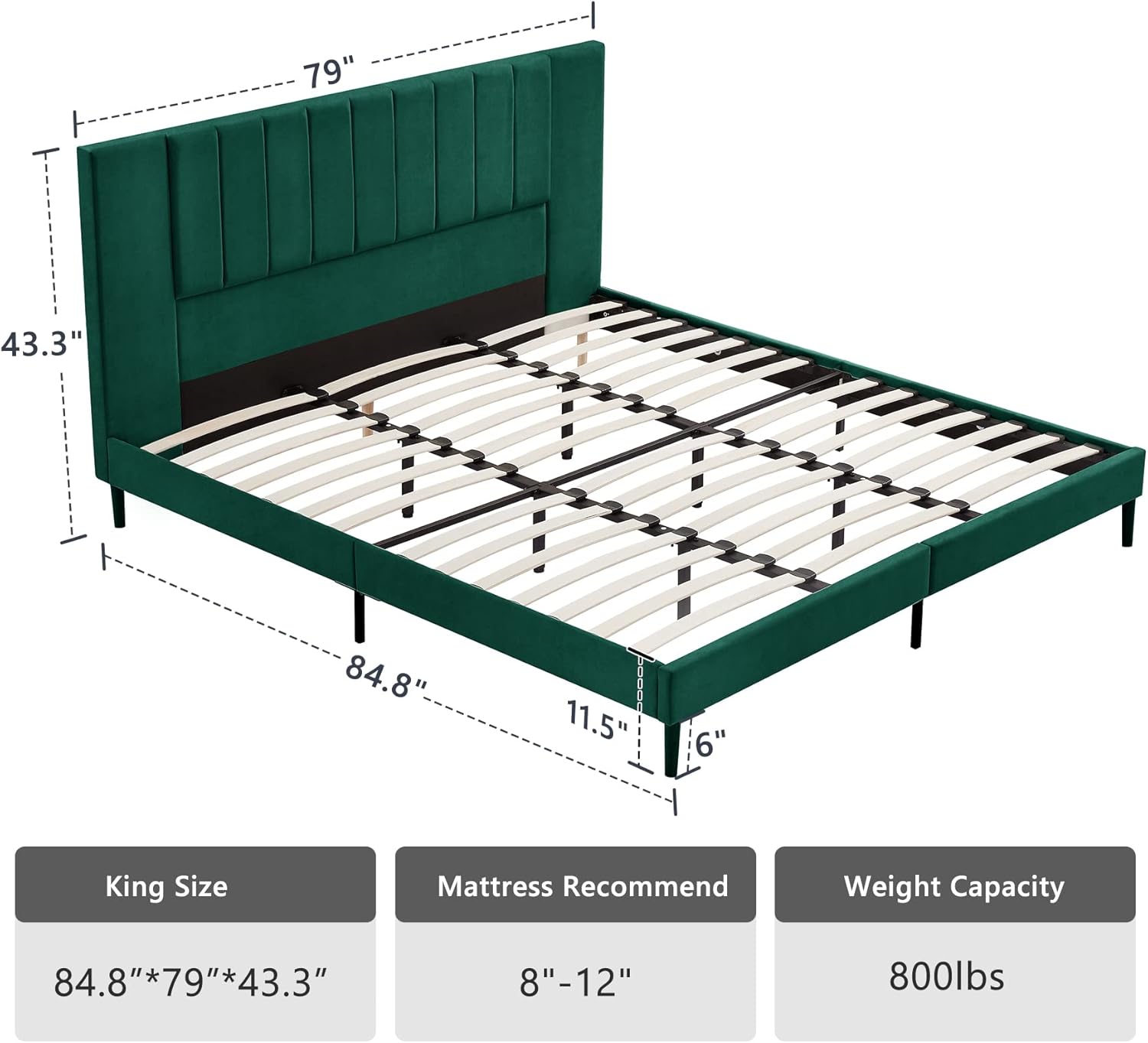 Flolinda Base de cama de plataforma tamaño King con cabecera tapizada de terciopelo y soporte de listones de madera, base de colchón totalmente