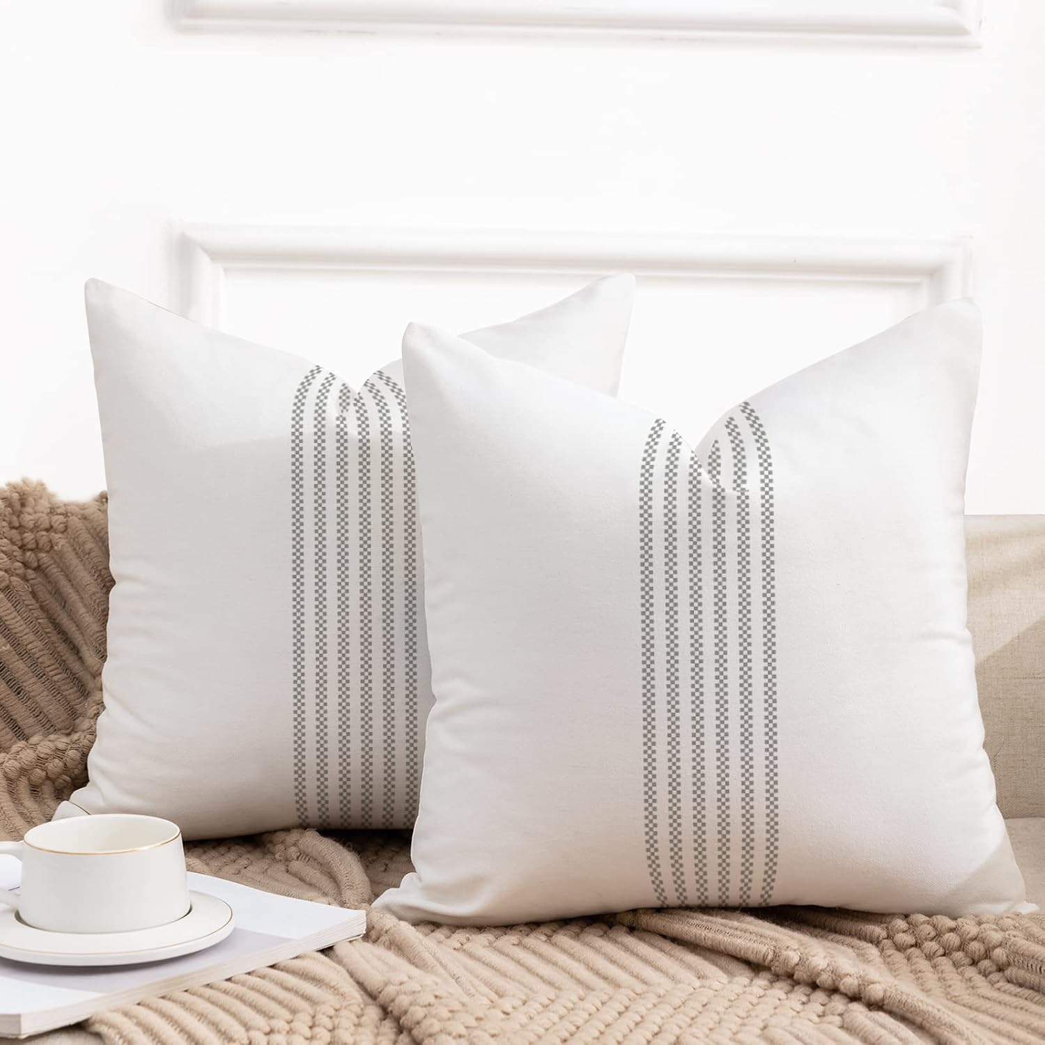 YCOLL Juego de 2 fundas de almohada de 16 x 16 pulgadas, estilo bohemio, de lino a rayas grises, fundas de cojín decorativas para sofá y dormitorio