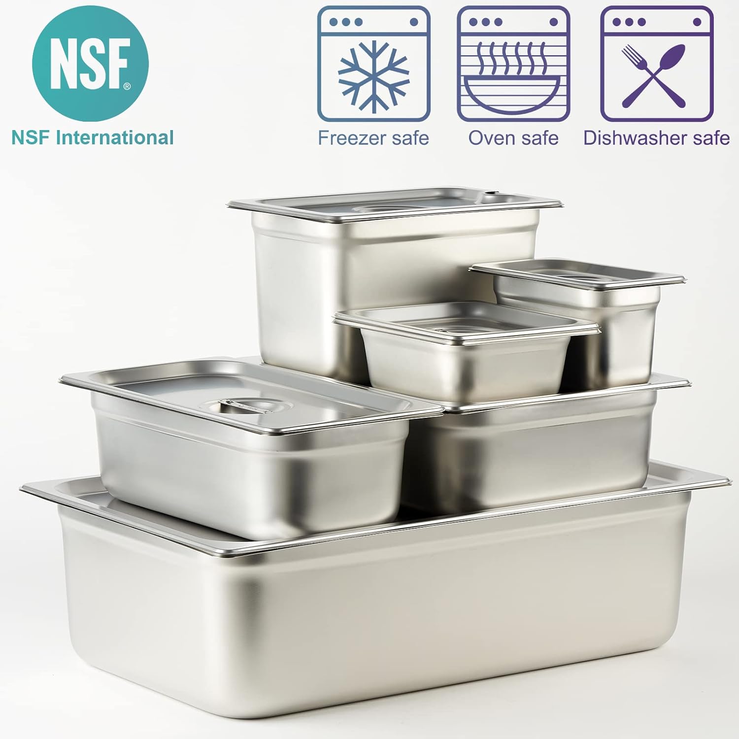 CURTA Paquete de 6 sartenes antiatascos para hotel, tamaño 12 de 6 pulgadas de profundidad, bandeja comercial NSF de acero inoxidable 188 para mesa
