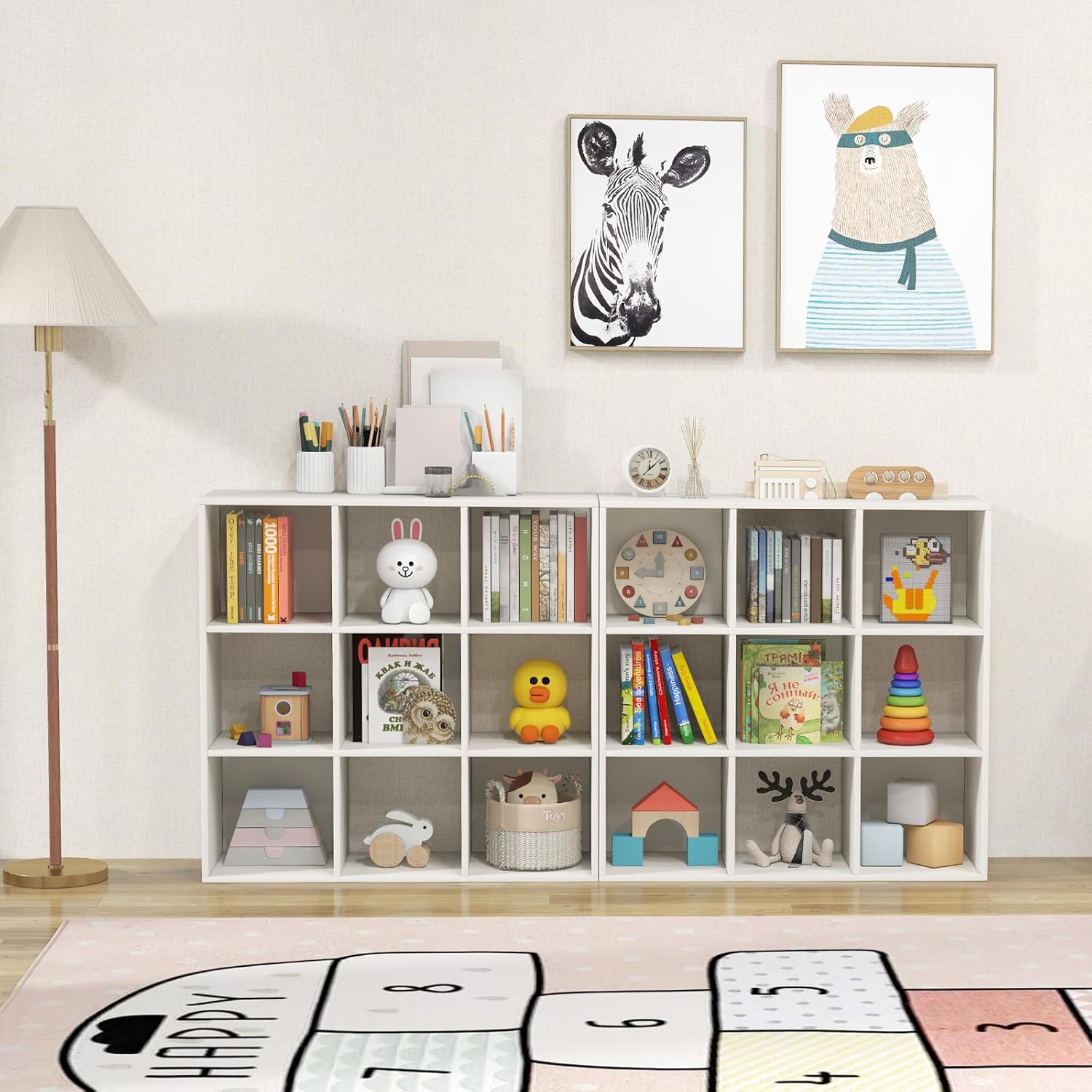 Costzon 9-Cube Toy Storage and Organizer, 4-Tier Wooden Kids Bookshelf, Toy and Book Storage Display Organization, Toddler Shelf for Playroom,