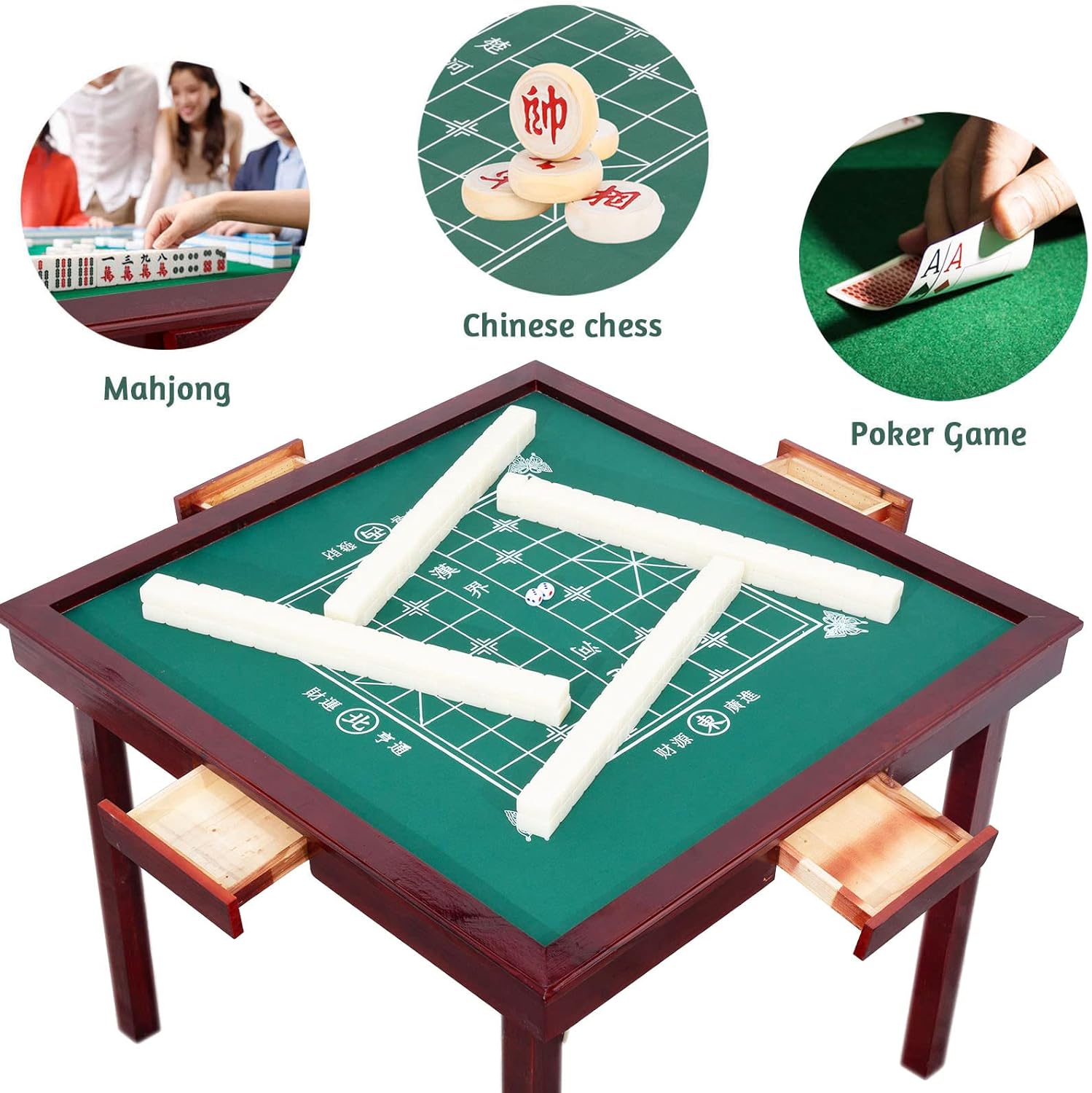 Mesa Mahjong plegable, mesa de cartas multifunción de 35 pulgadas con 4 portavasos y 4 cajones, mesa de juego cuadrada para mahjong, blackjack de