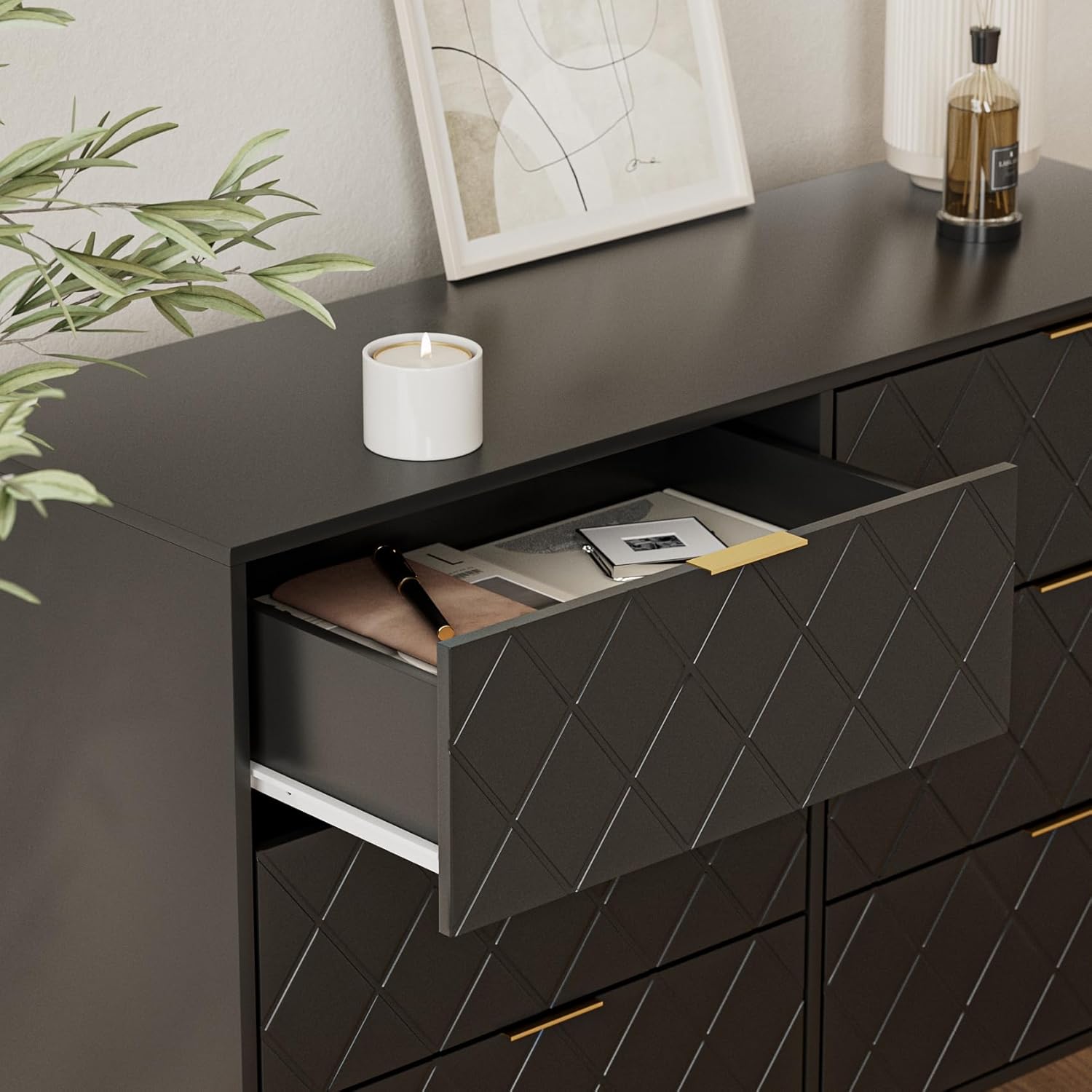 Cómoda de 6 cajones, moderna cajonera, cómoda de almacenamiento ancha con patas de metal, cómoda para dormitorio, sala de estar, armario, entrada,