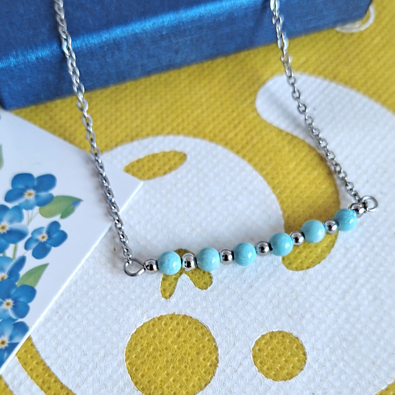 Dainty Turquoise Black Agate Beads Bar Necklace for Women Chain Choker Handmade Gemstone Jewelry for Mother’s Day, Birthday Gift (4mm Turquoise