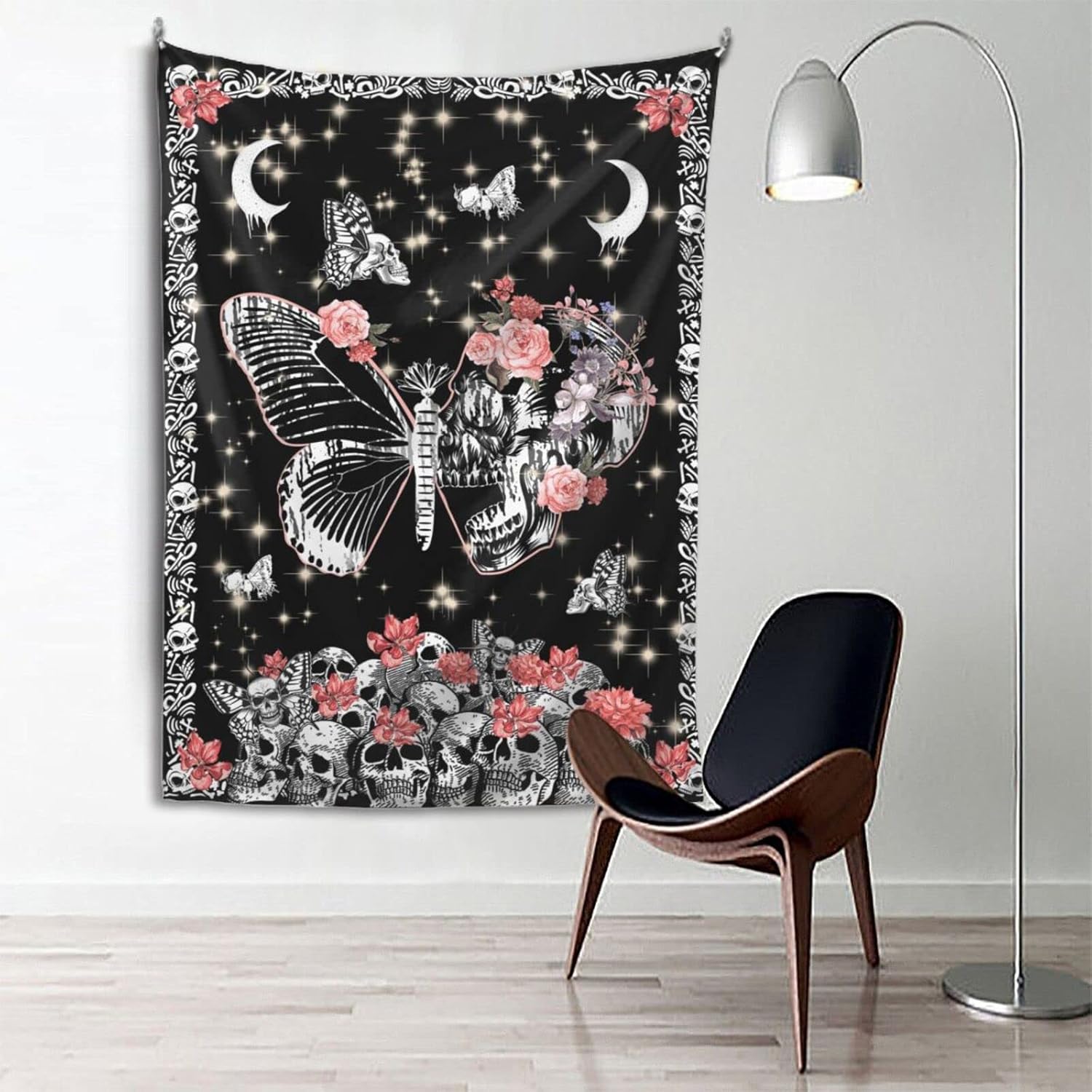 D-Story Tapiz para colgar en la pared, tapiz de calavera, esqueleto, luna, mariposa, flores, decoración del hogar, tapiz de pared de calavera, telón