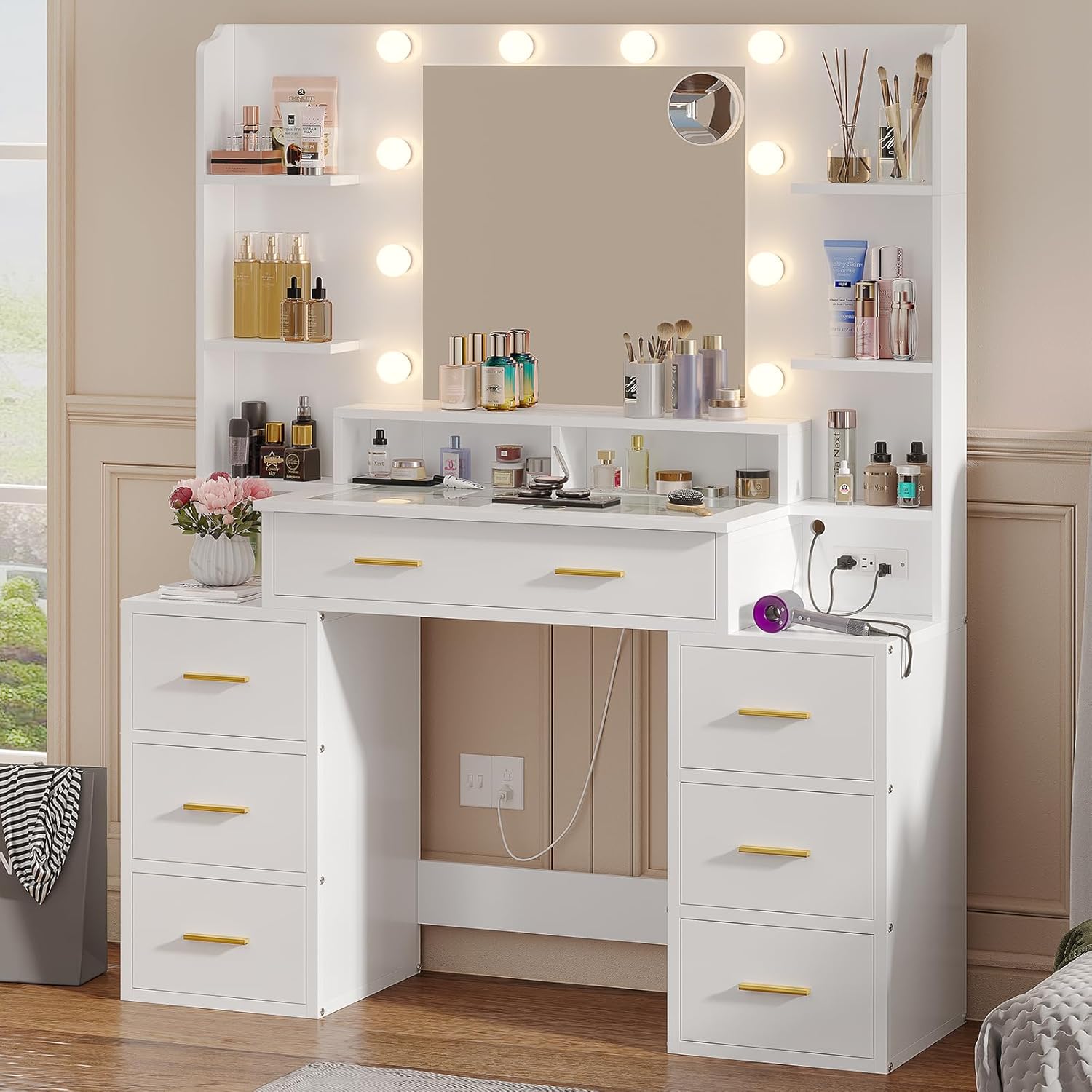 BTHFST Escritorio de tocador de cristal con espejo y luces, tocador de maquillaje con luces, estación de carga y espejo de aumento de 10x, mesa de